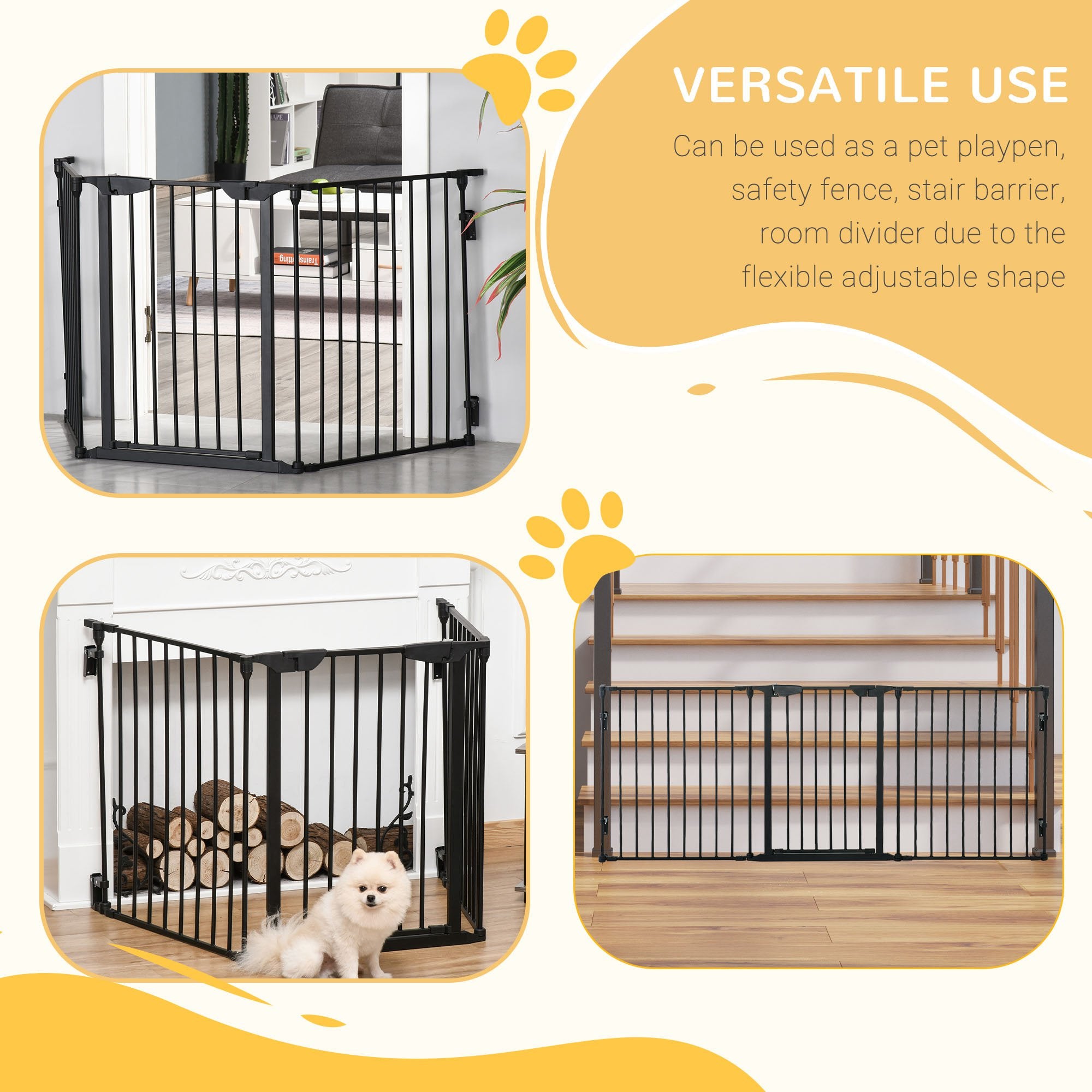 PawHut 3-Panel Metal Pet Gate: Safety Fence for Dogs with Walk Through Door & Auto Close Lock, Room Divider, Black