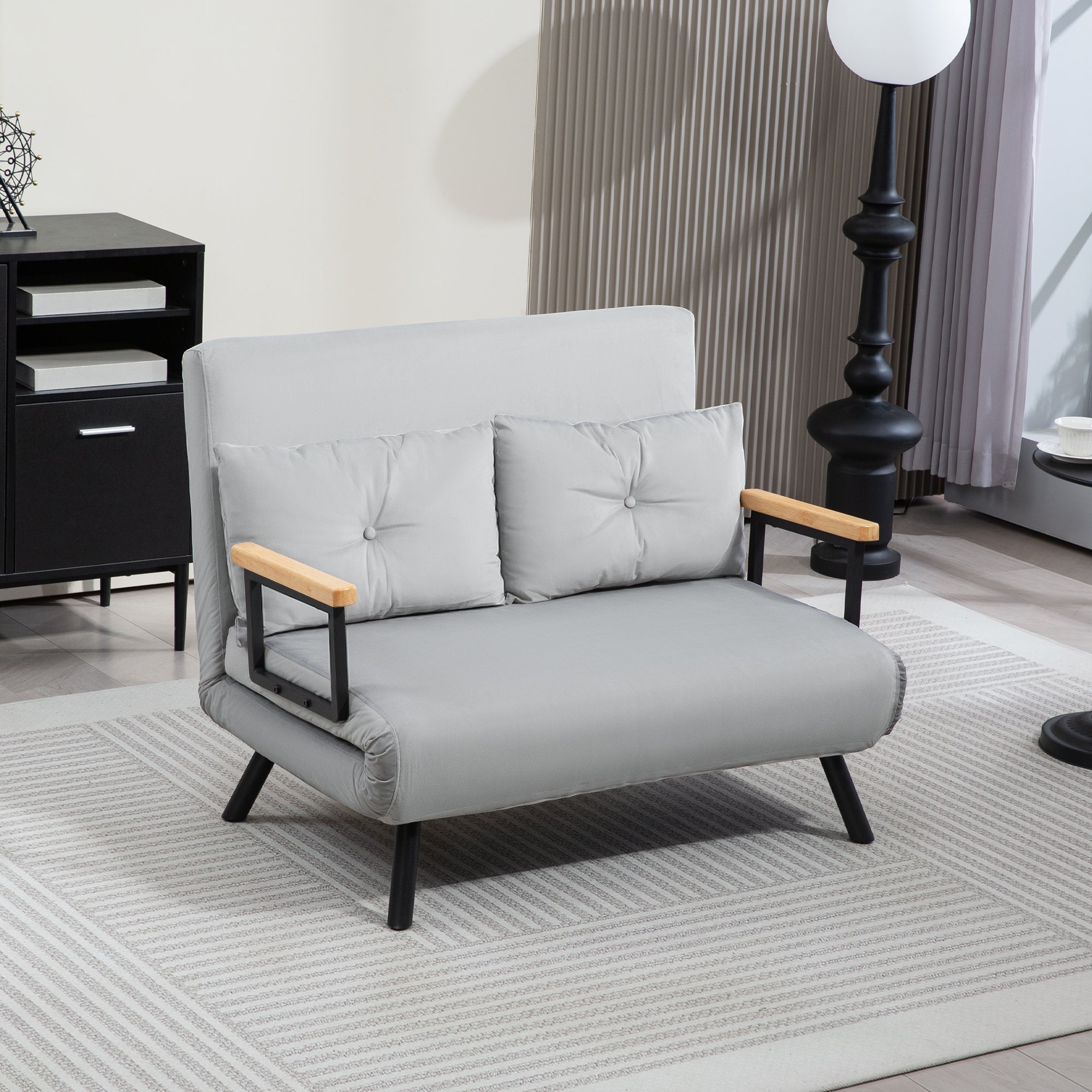 HOMCOM 4-in-1 Velvet-Feel Double Sofa Bed, with Pillows - Light Grey - North Peak Garden Furniture