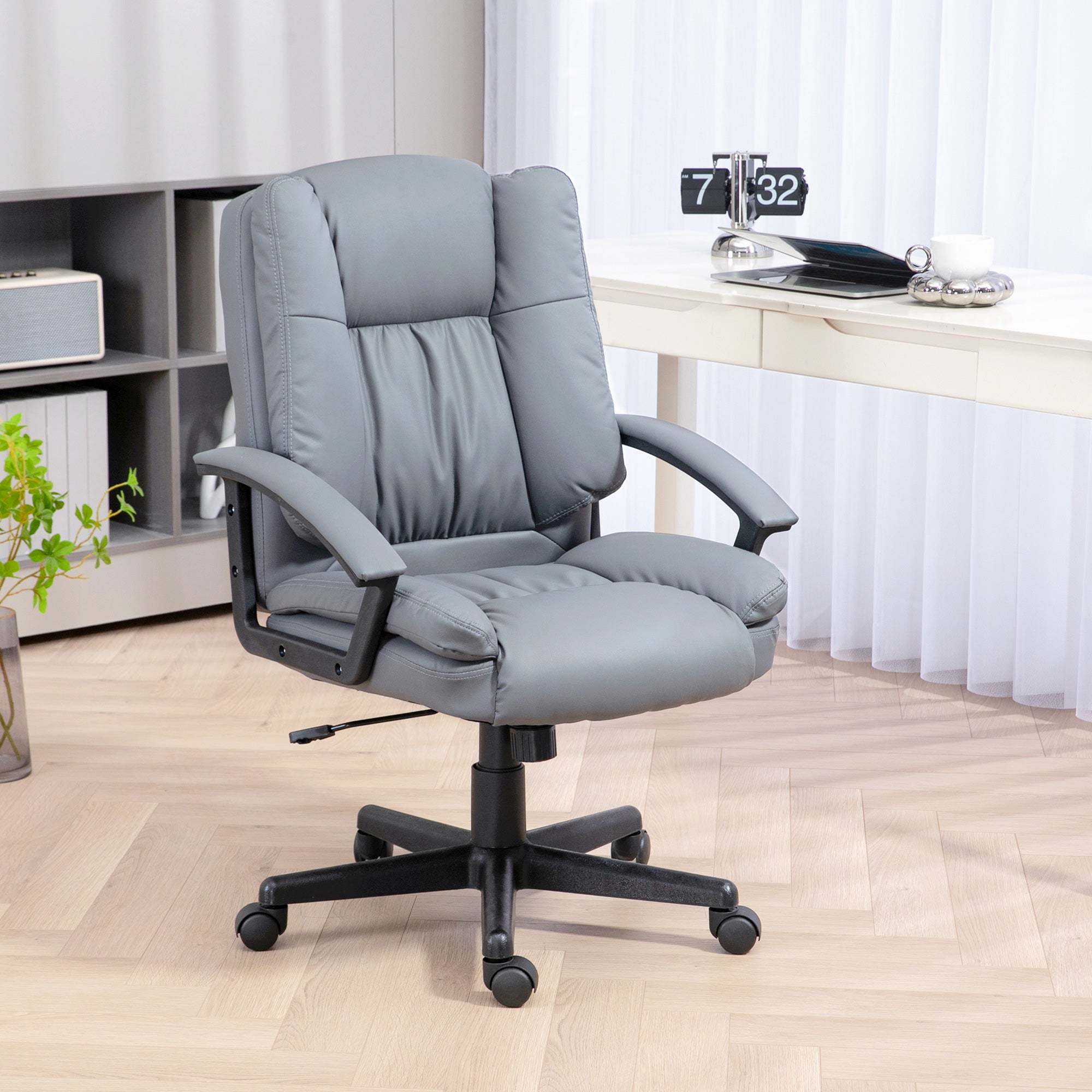 HOMCOM Office Chair, Faux Leather Computer Desk Chair, Mid Back Executive Chair with Adjustable Height and Swivel Rolling Wheels for Home Study, Light Grey