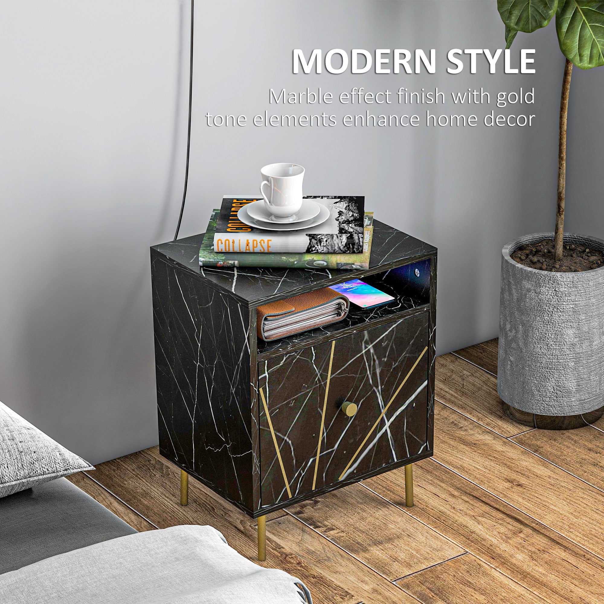 HOMCOM Elegant Bedside with Storage - Black/Gold Tone - North Peak Garden Furniture