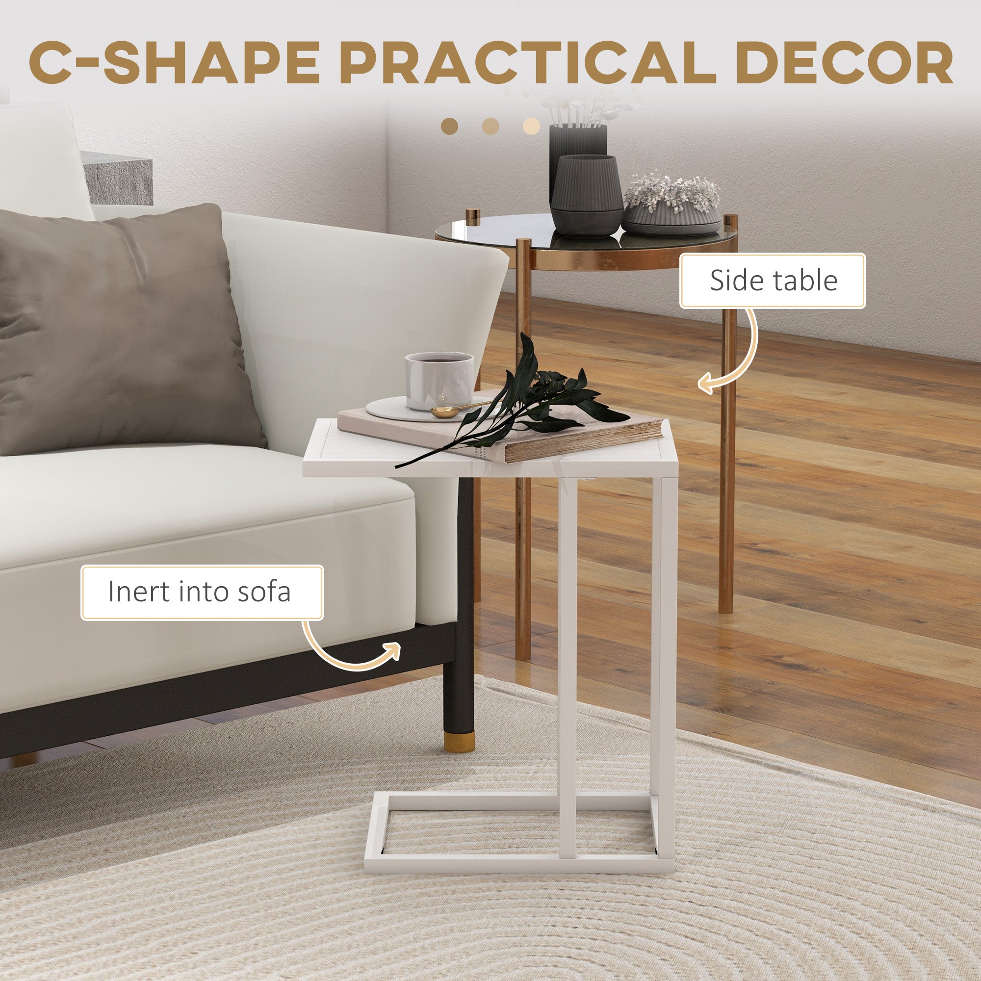HOMCOM C Shape Bedside Table w/Metal Frame Wood-Effect Top Sofa Narrow Snack End Table for Living Room, White - North Peak Garden Furniture