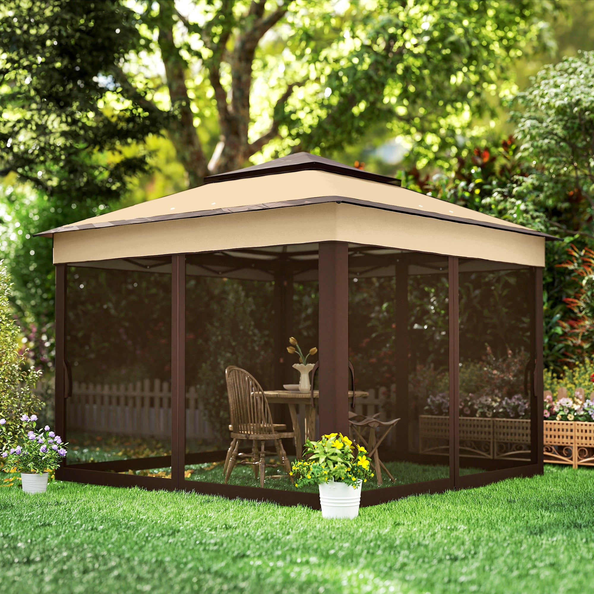 Outsunny 3 x 3(m) Pop Up Gazebo, Height Adjustable Instant Event Shelter with Netting and Carrying Bag, Beige - North Peak Garden Furniture