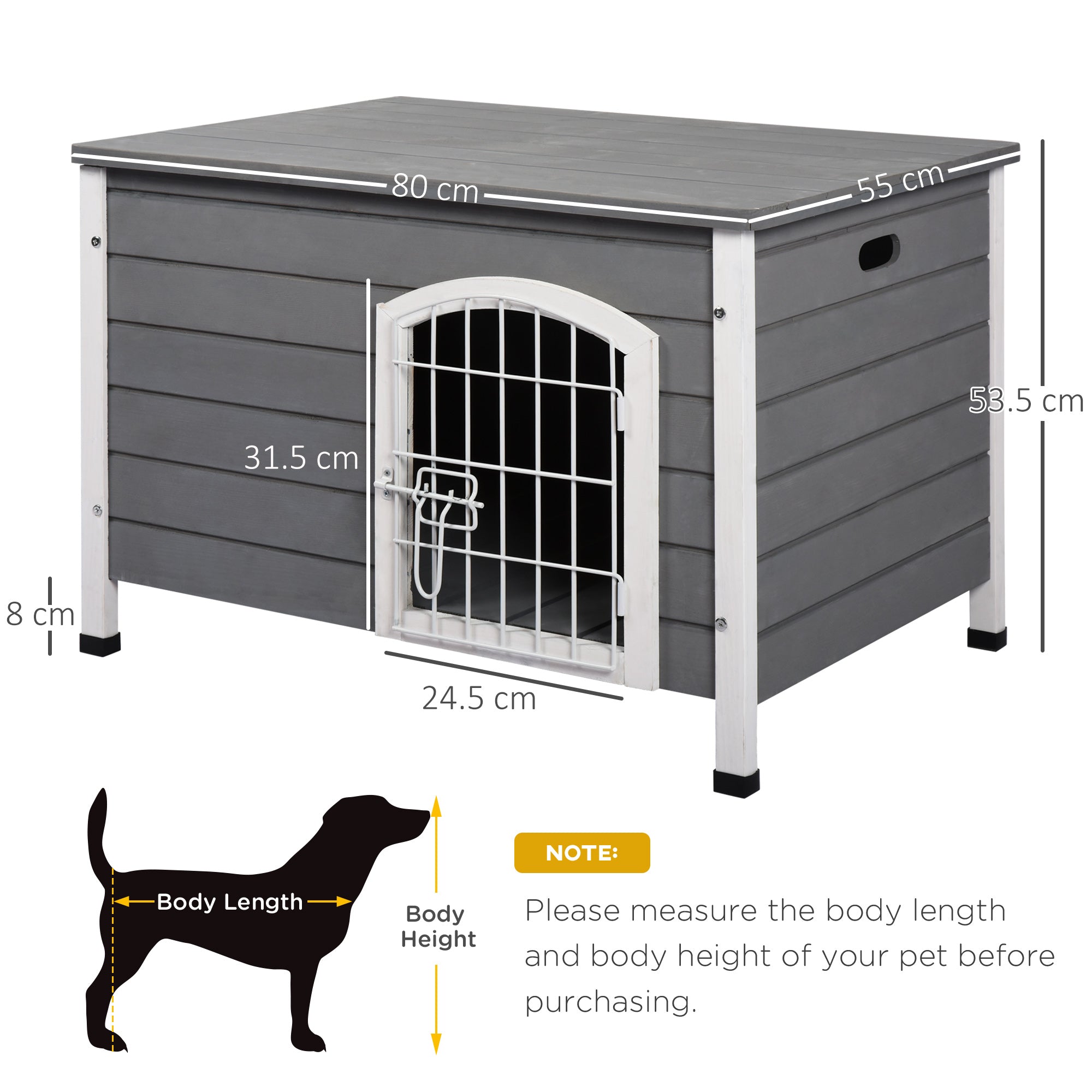 PawHut Wooden Dog House with Removable Bottom, Wire Door, Openable Top, Pet Shelter for Small Dog, 80 x 55 x 53.5cm, Dark Grey