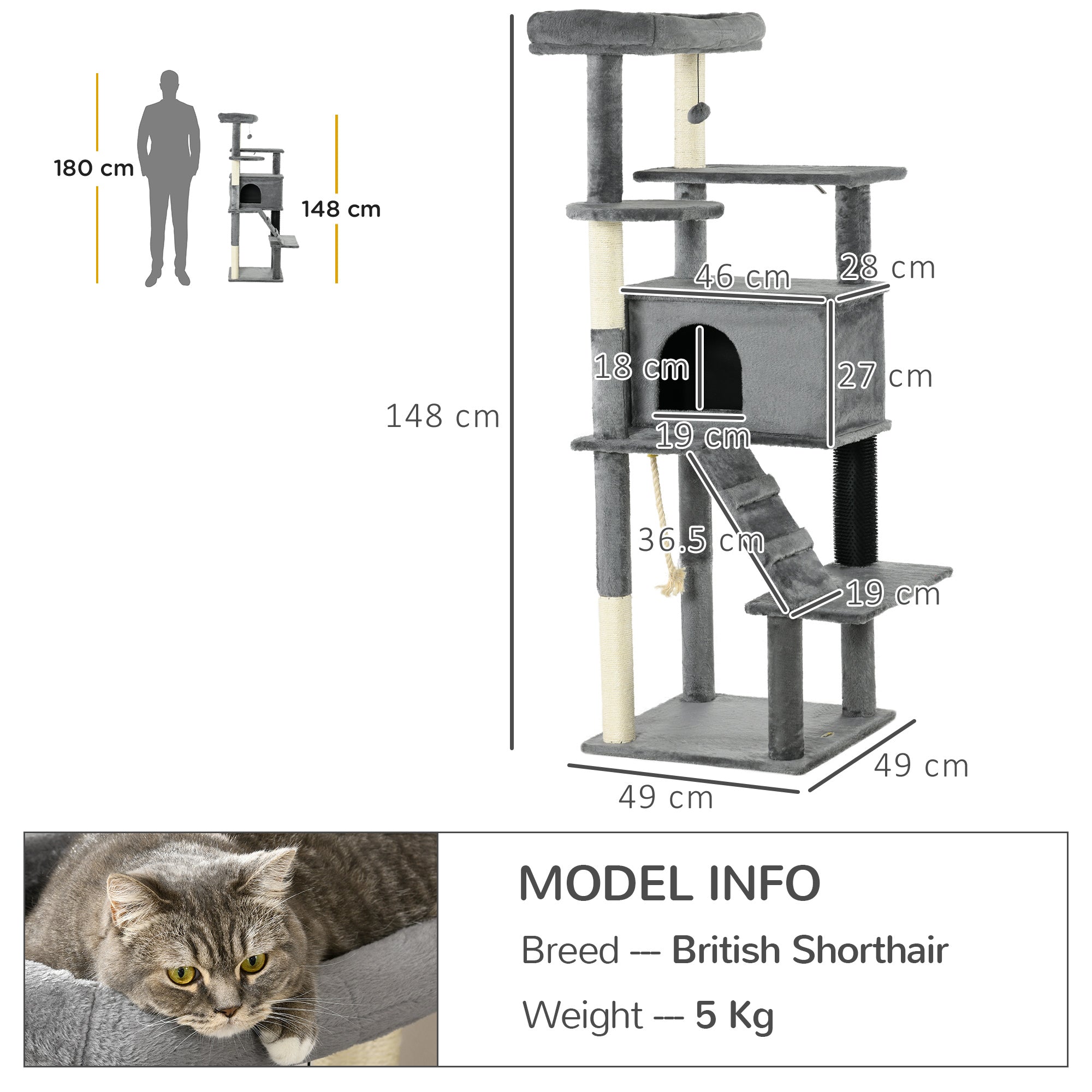 PawHut Cat Tree Tower for Indoor Cats, with Scratching Post, Cat House, Toy, Grey