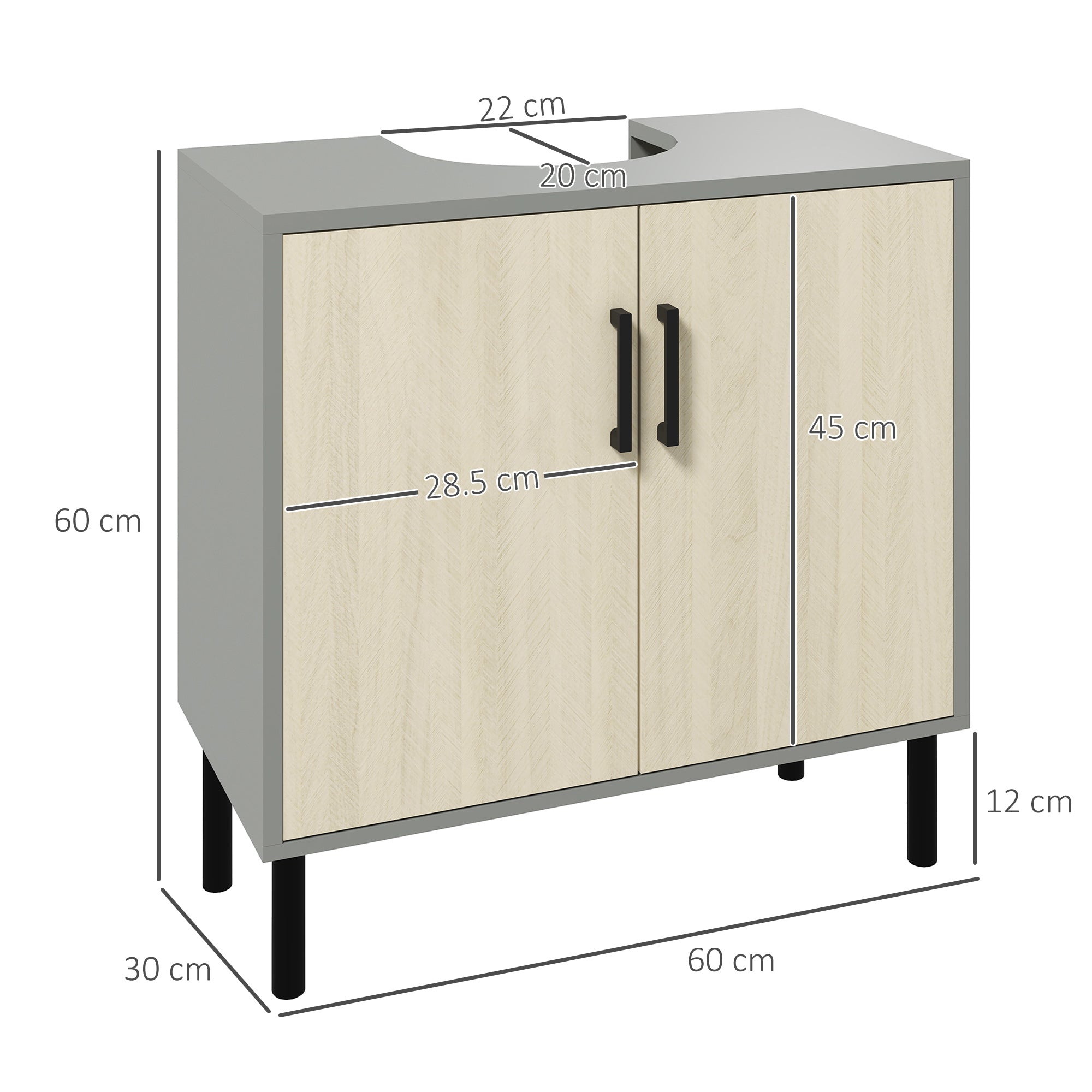 kleankin Under Sink Cabinet, Bathroom Vanity Unit, Storage Cupboard with Double Doors and Storage Shelves, 60x30x60cm, Natural