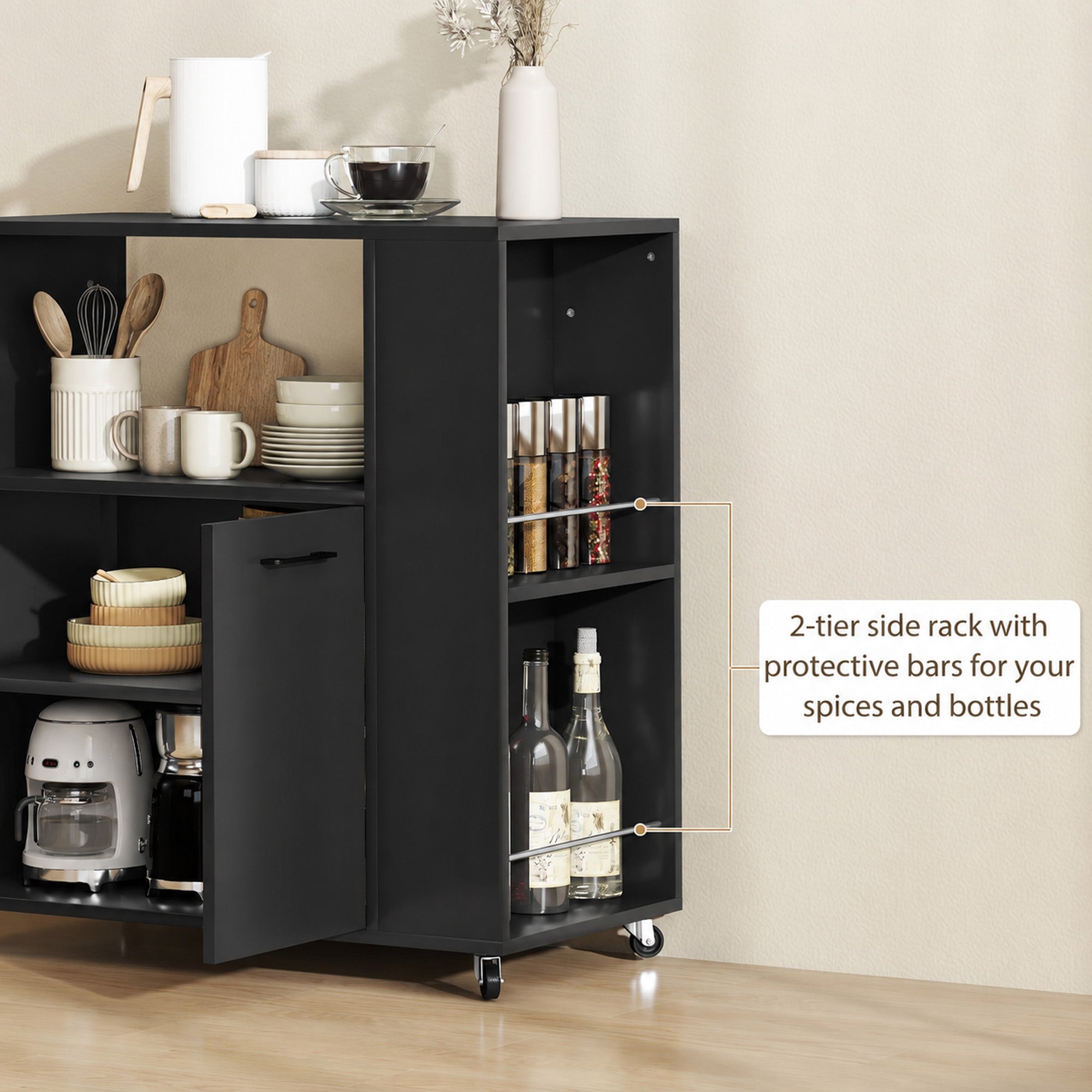 HOMCOM Kitchen Trolley on Wheels, Rolling Kitchen Island Cart with 2-Door Cabinet, Spice Rack and Adjustable Shelf, Black