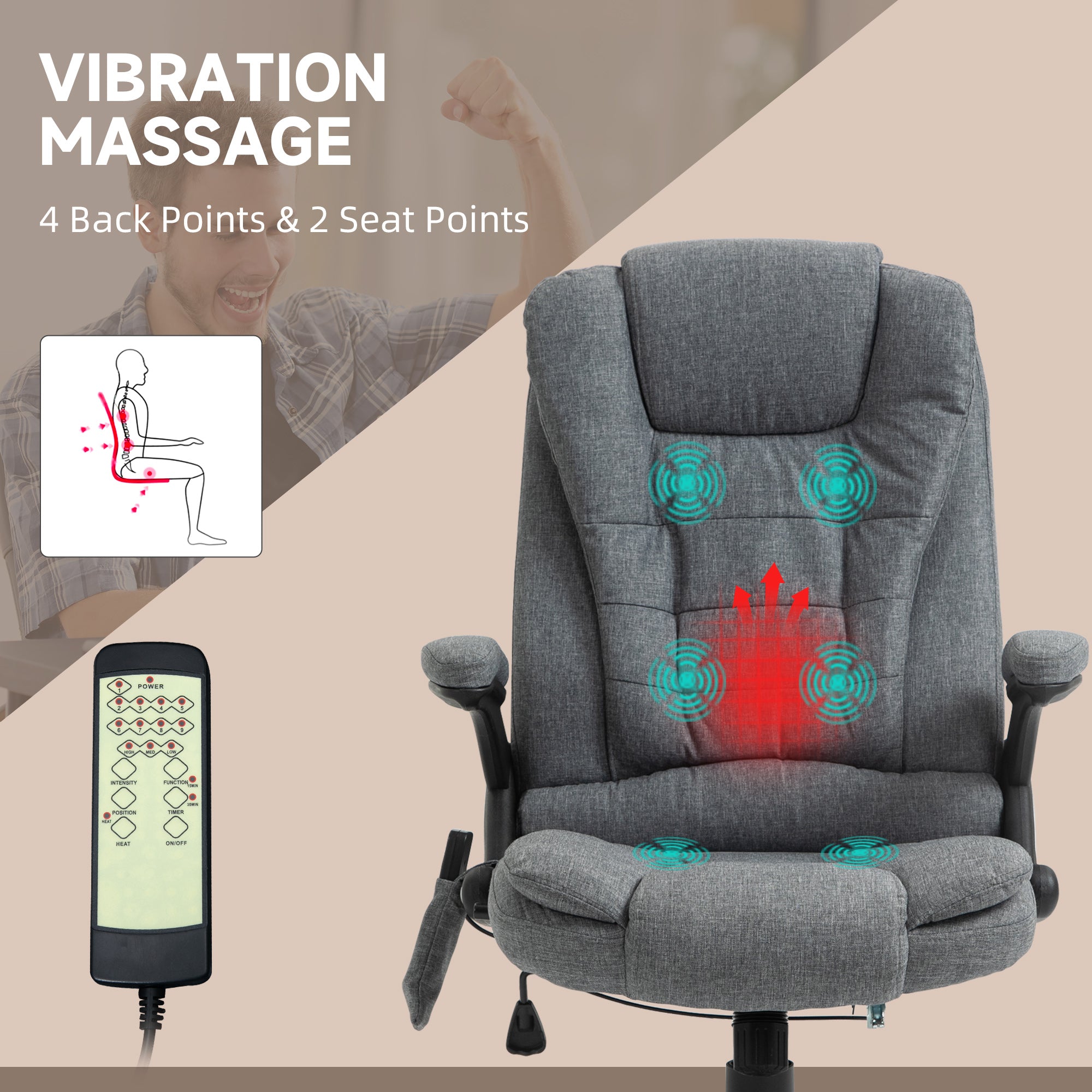 Vinsetto Massage Recliner Chair Heated Office Chair with Six Massage Points Linen-Feel Fabric 360° Swivel Wheels Grey - North Peak Garden Furniture