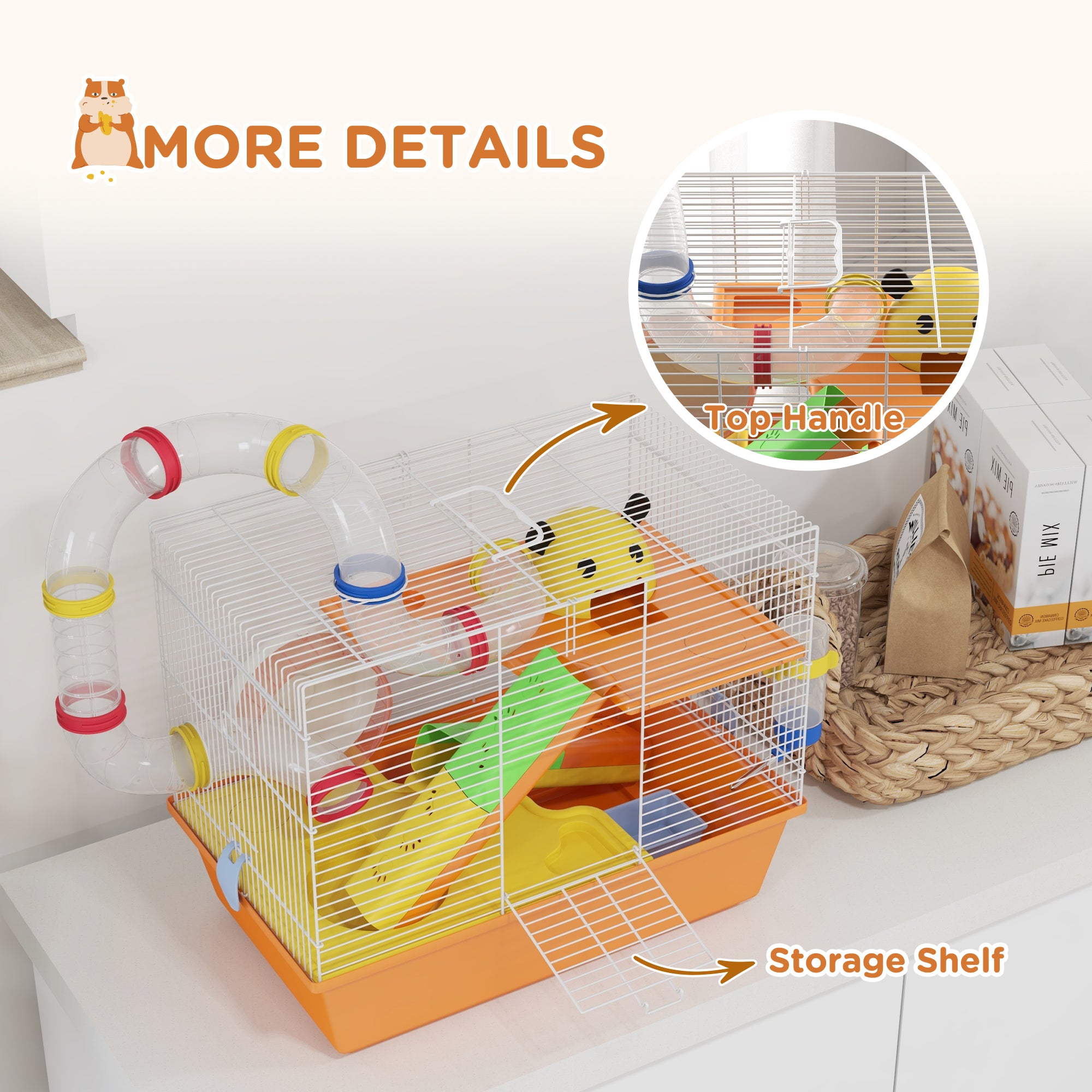 PawHut 3 Tiers Gerbil Cage, Hamster Cage with Tubes, Exercise Wheel, Ladder, Top Handle, 45 x 28 x 37cm - Orange - North Peak Garden Furniture