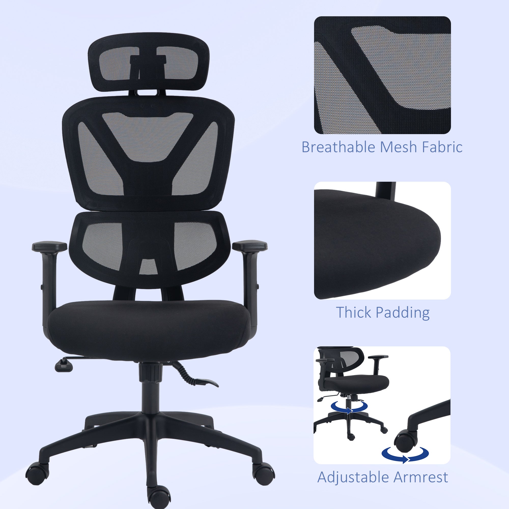 Vinsetto Mesh Office Chair, Height Adjustable Desk Chair with Lumbar Support, Swivel Wheels and Adjustable Headrest, Black - North Peak Garden Furniture
