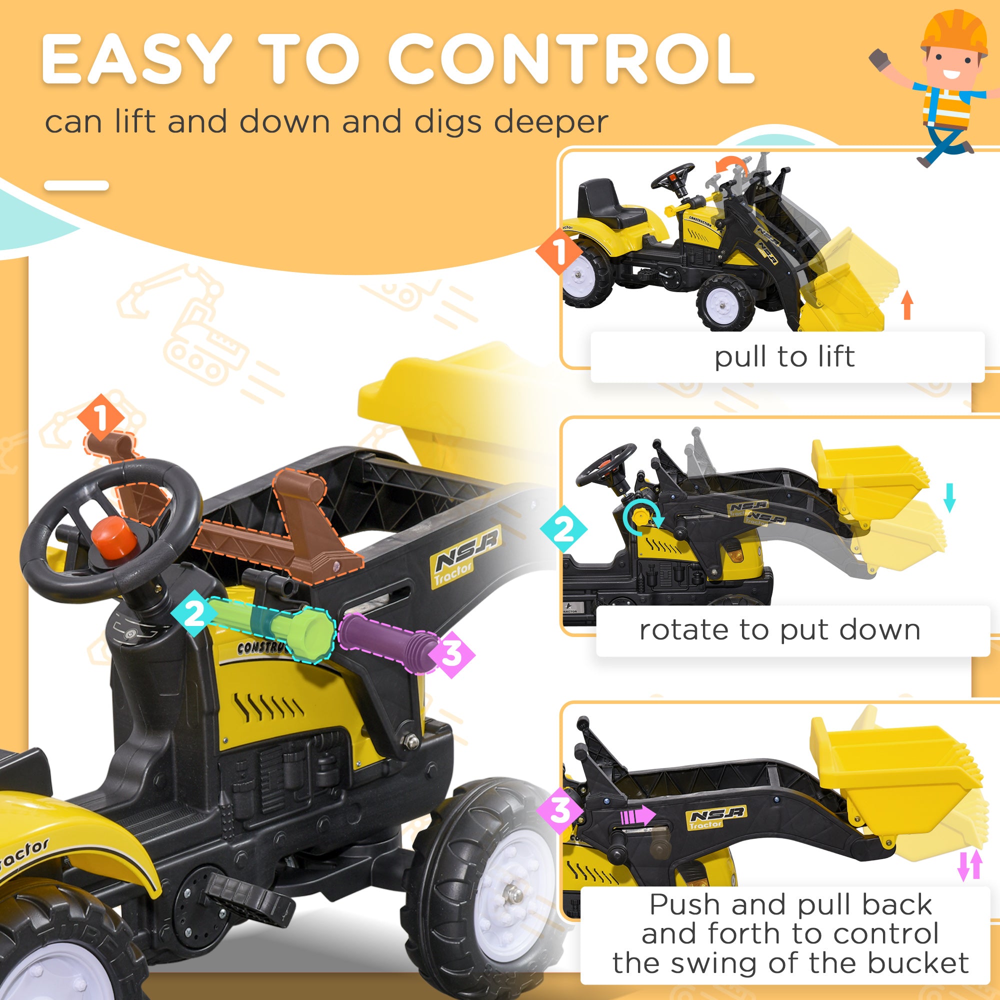 HOMCOM Pedal Go Kart Ride On Excavator W/ Front Loader Digger Four Wheels Child Toy, for 3 Years Old - North Peak Garden Furniture