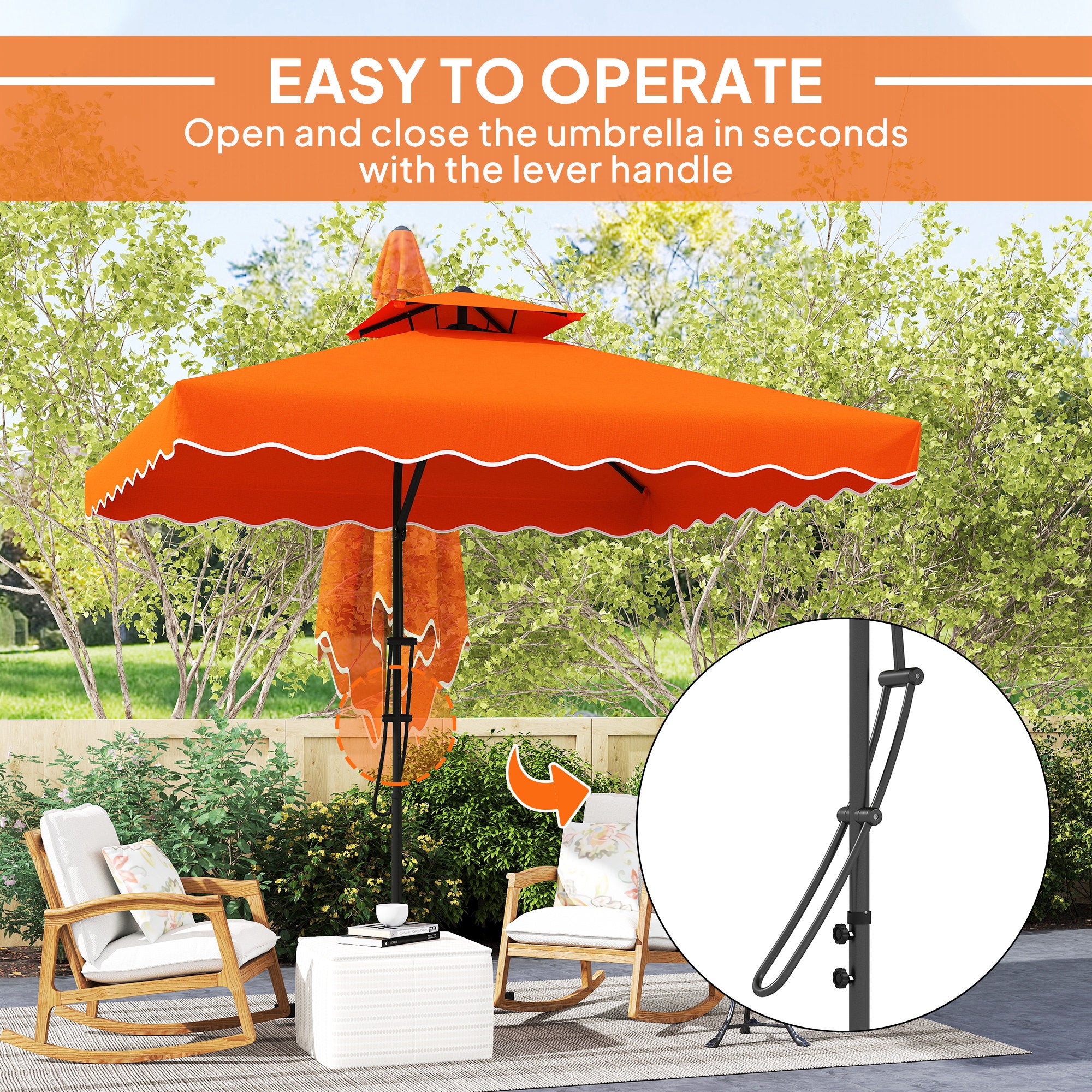 Outsunny 2.5m Cantilever Parasol with Easy Lever, Square Double Top Garden Parasol Umbrella with Ruffles and Cross Base, Overhanging Outdoor Sun Shades, Orange - North Peak Garden Furniture