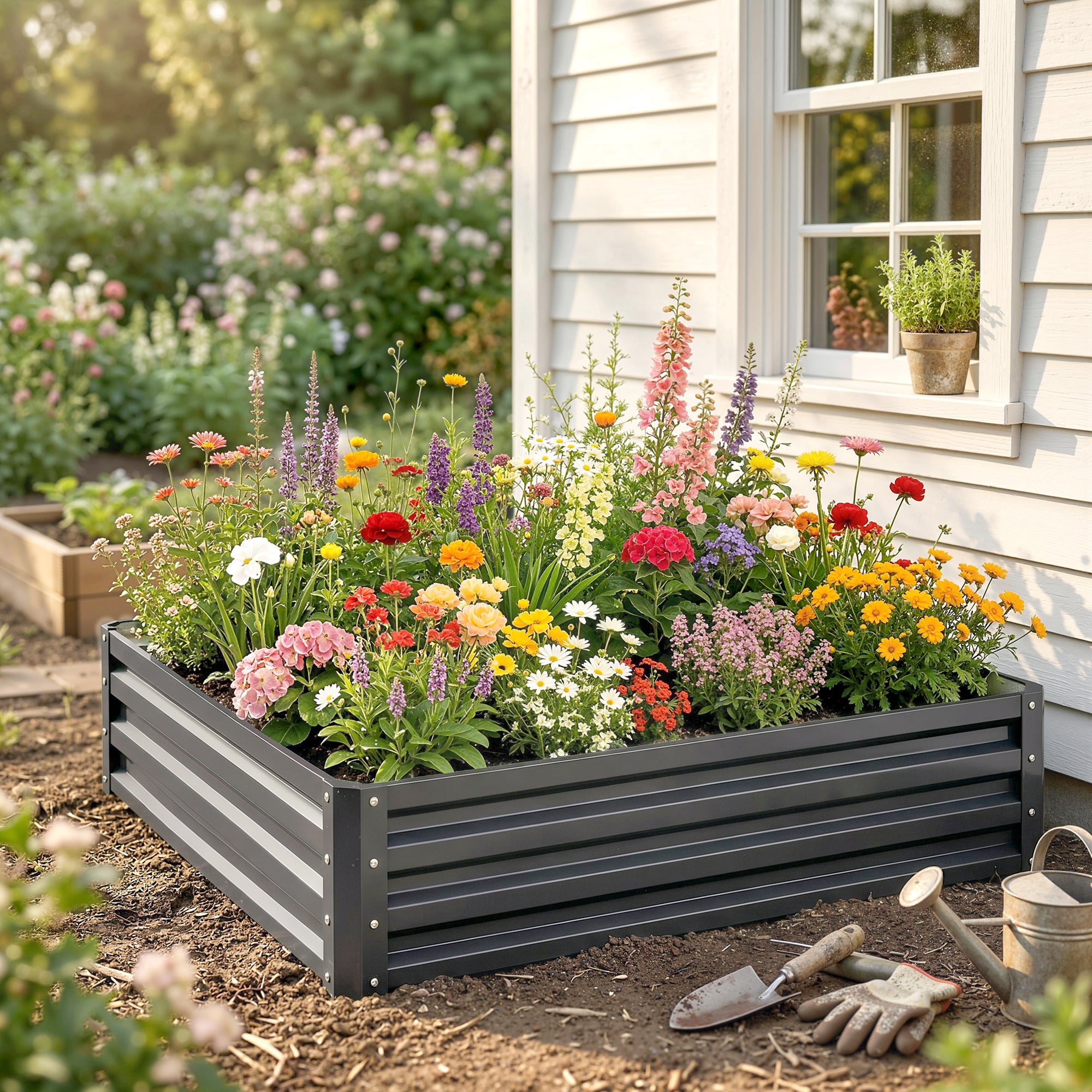 Outsunny 432L Square Raised Garden Bed Box Steel Frame for Vegetables, Flowers and Herbs, 120 x 120 x 30cm, Light Grey