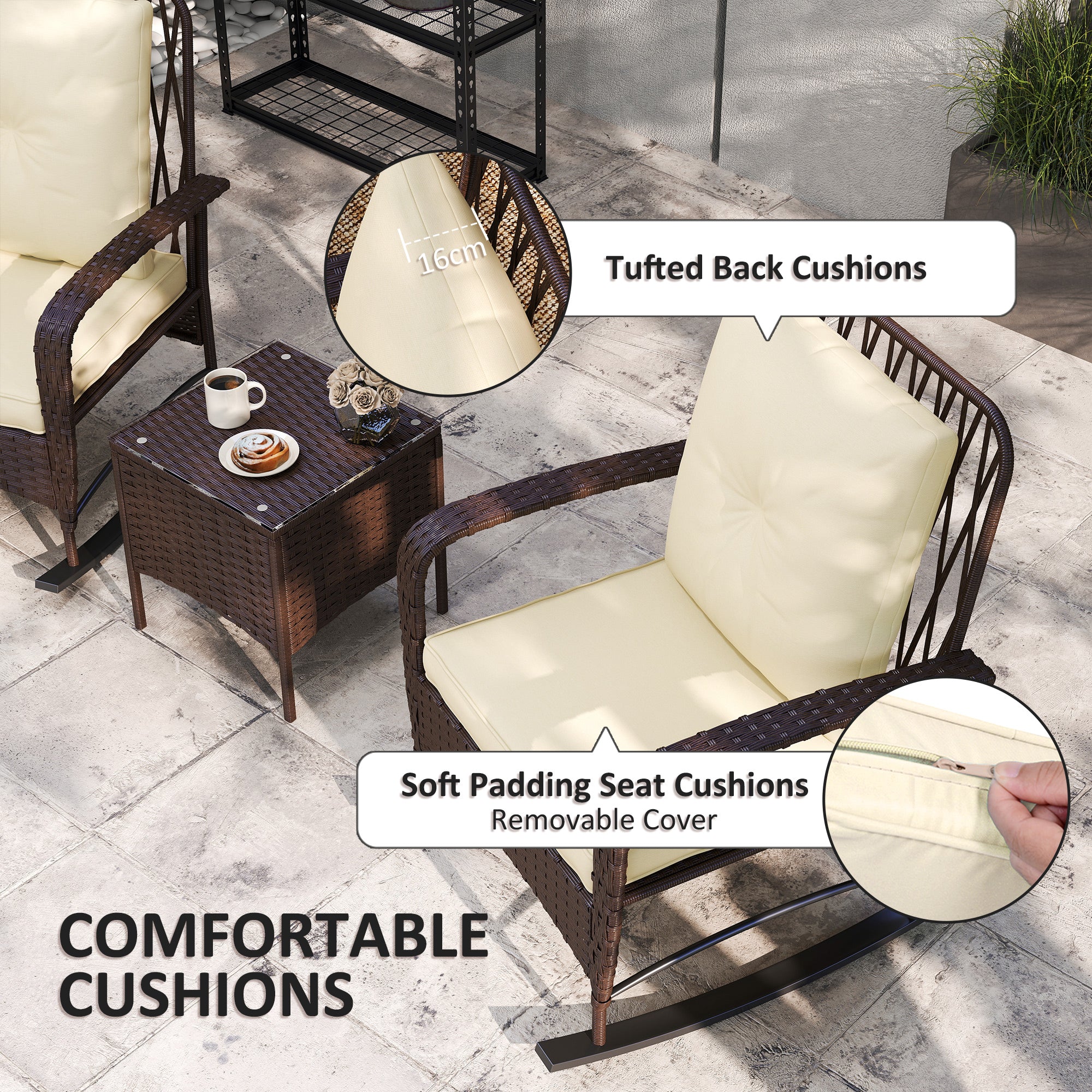 Outsunny Three-Piece Rocking Chair Rattan Bistro Set - Brown - North Peak Garden Furniture