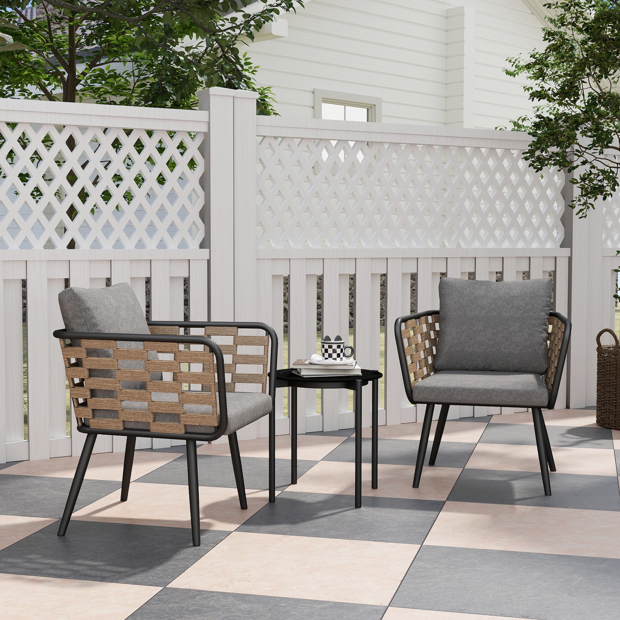 Outsunny 3 Pieces Rattan Bistro Set with Washable Seat and Back Cushions, Glass Top Coffee Table, for Outdoor, Patio, Black - North Peak Garden Furniture