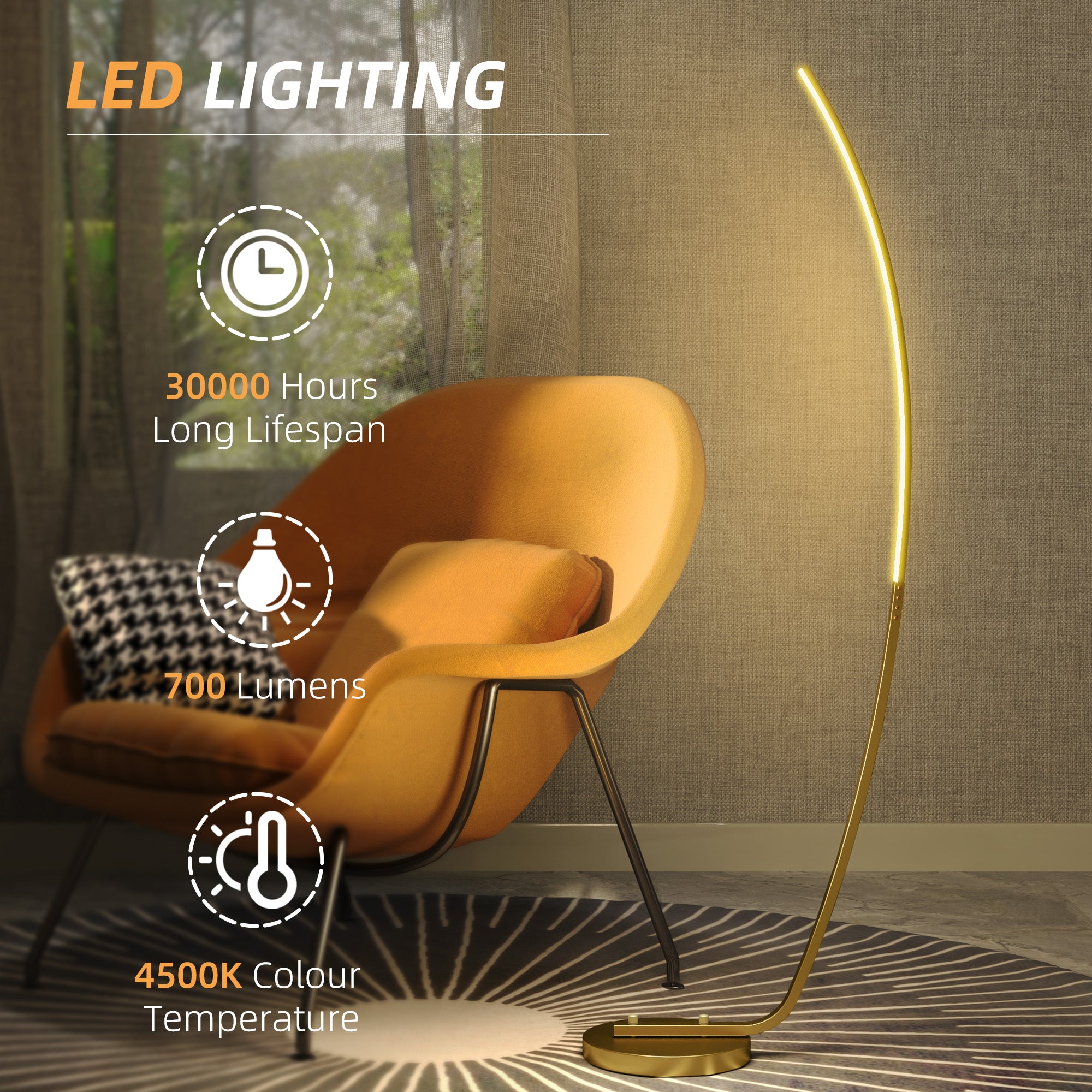 HOMCOM Modern 147cm Curved LED Floor Lamp - Gold Tone - North Peak Garden Furniture
