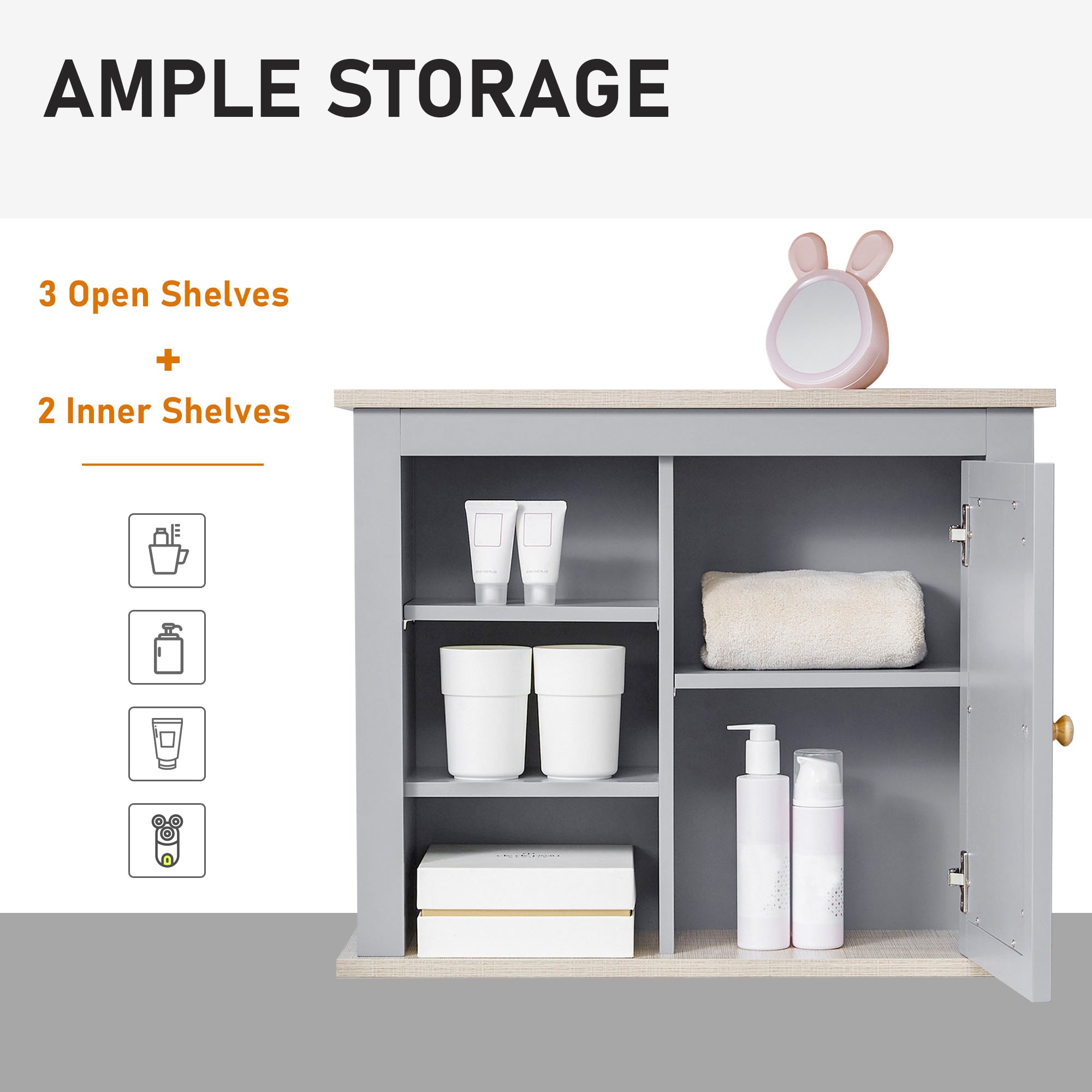kleankin Bathroom Wall Mirror Cabinet, Cupboard with Door, Storage Cabinet with Adjustable Shelf for Corridors Living Rooms, Grey - North Peak Garden Furniture