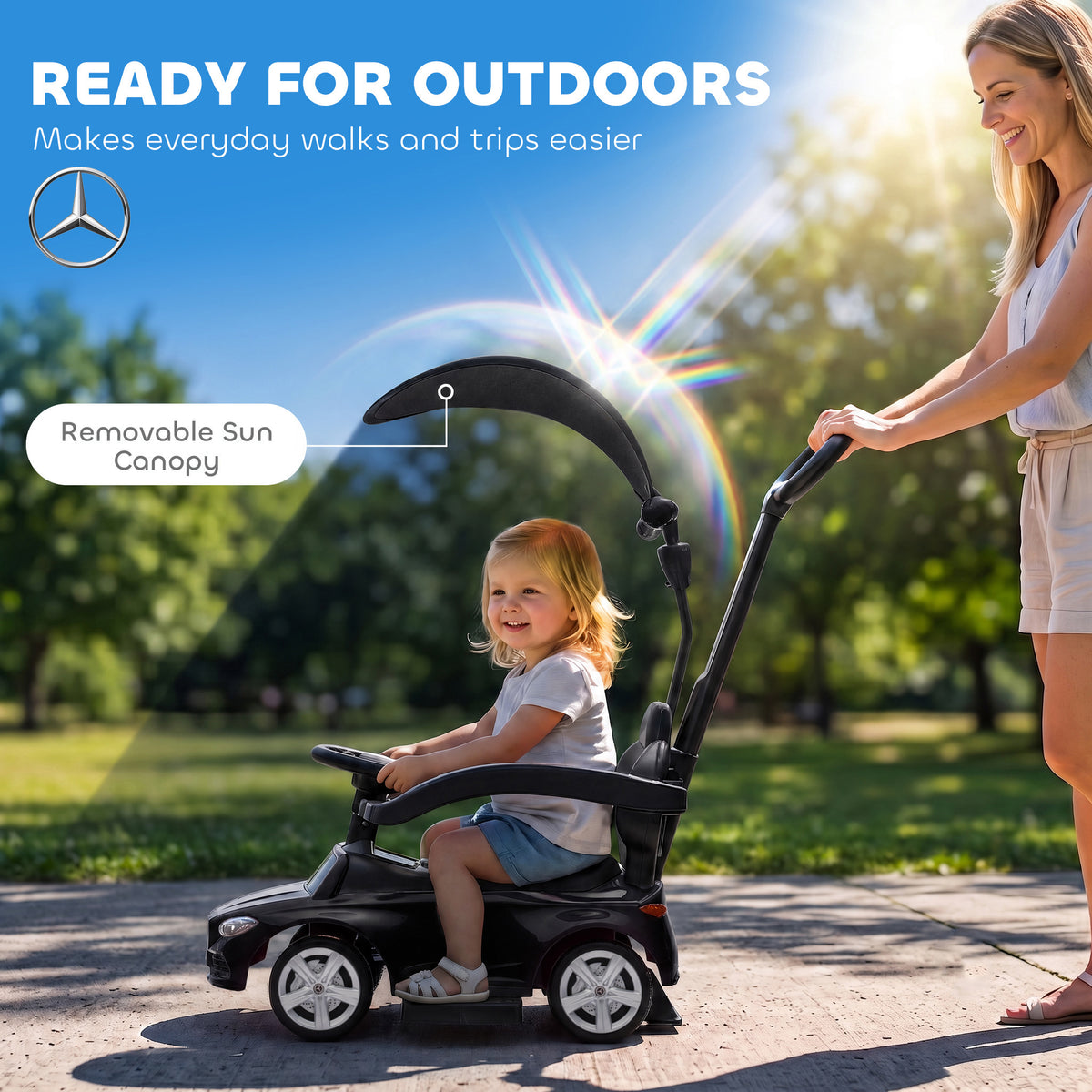 AIYAPLAY 3 in 1 Licensed Benz Ride on Push Car with Handle, Canopy, Guardrails, Horn, Music, Storage for 12-36 Months, Black