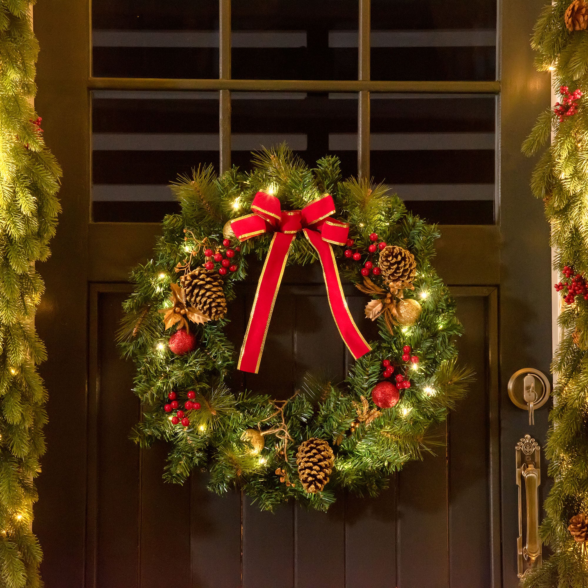 HOMCOM 60cm Pre-Lit Artificial Christmas Door Wreath Holly LED Decor Pine Cones Hanging Glittered Festival Indoor Outdoor Decoration - North Peak Garden Furniture