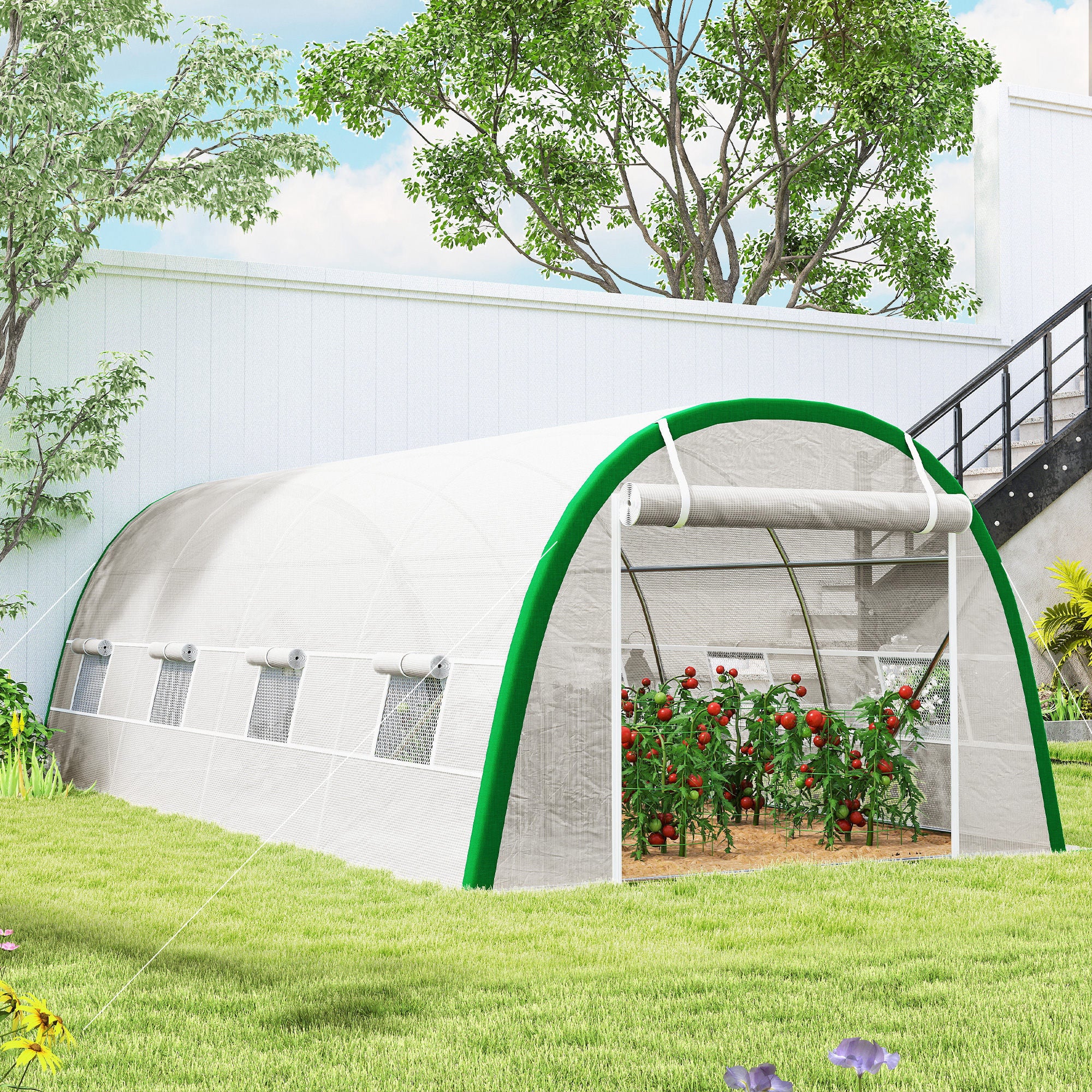 Outsunny Walk-in Polytunnel Greenhouse Tunnel Warm House Tent with Zipped Doors, 8 Mesh Windows, PE Cover, 6 x 3 m, White