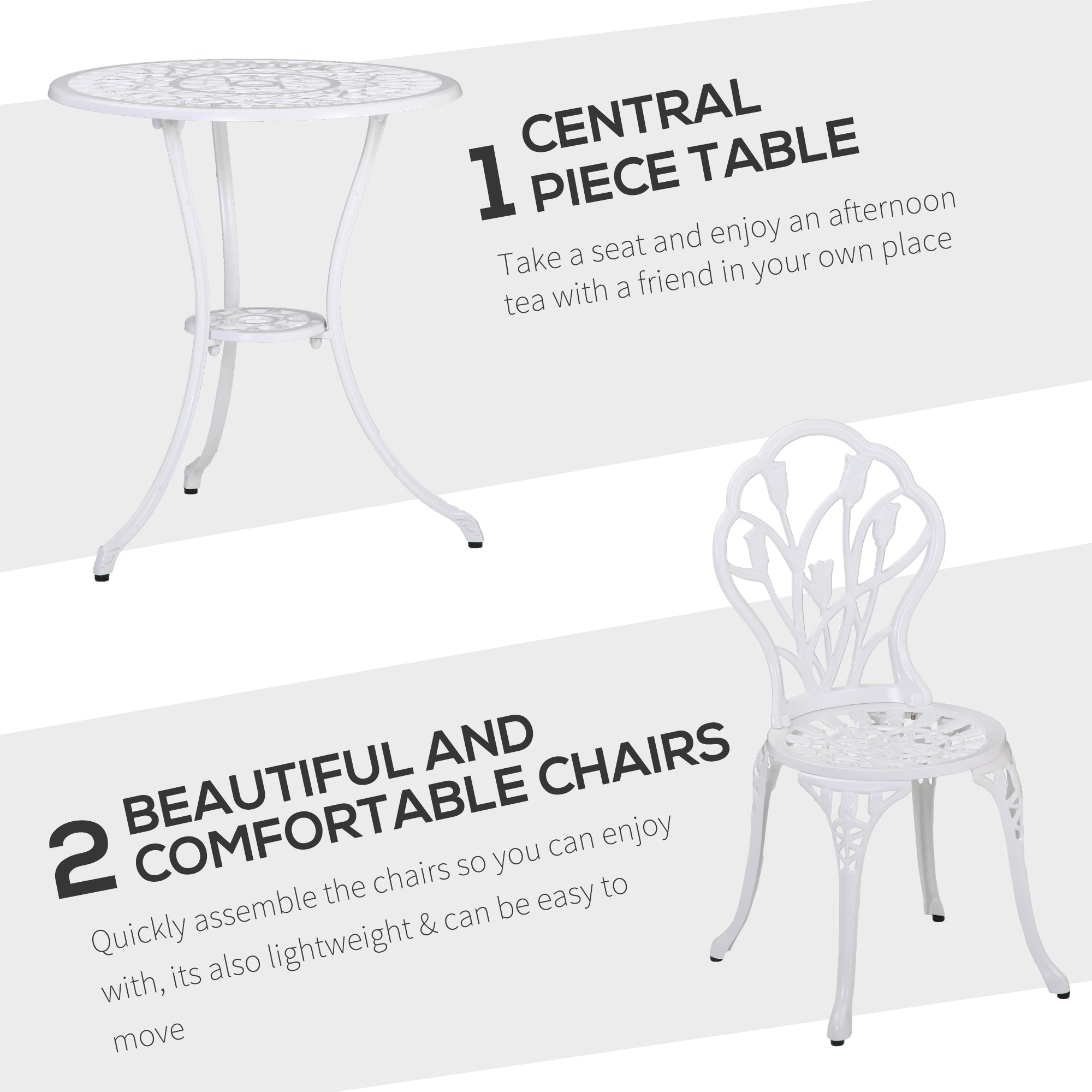 Outsunny 3 Piece Patio Bistro Set for 2, Outdoor Aluminium Garden Table and Chairs with Umbrella Hole for Balcony, White - North Peak Garden Furniture