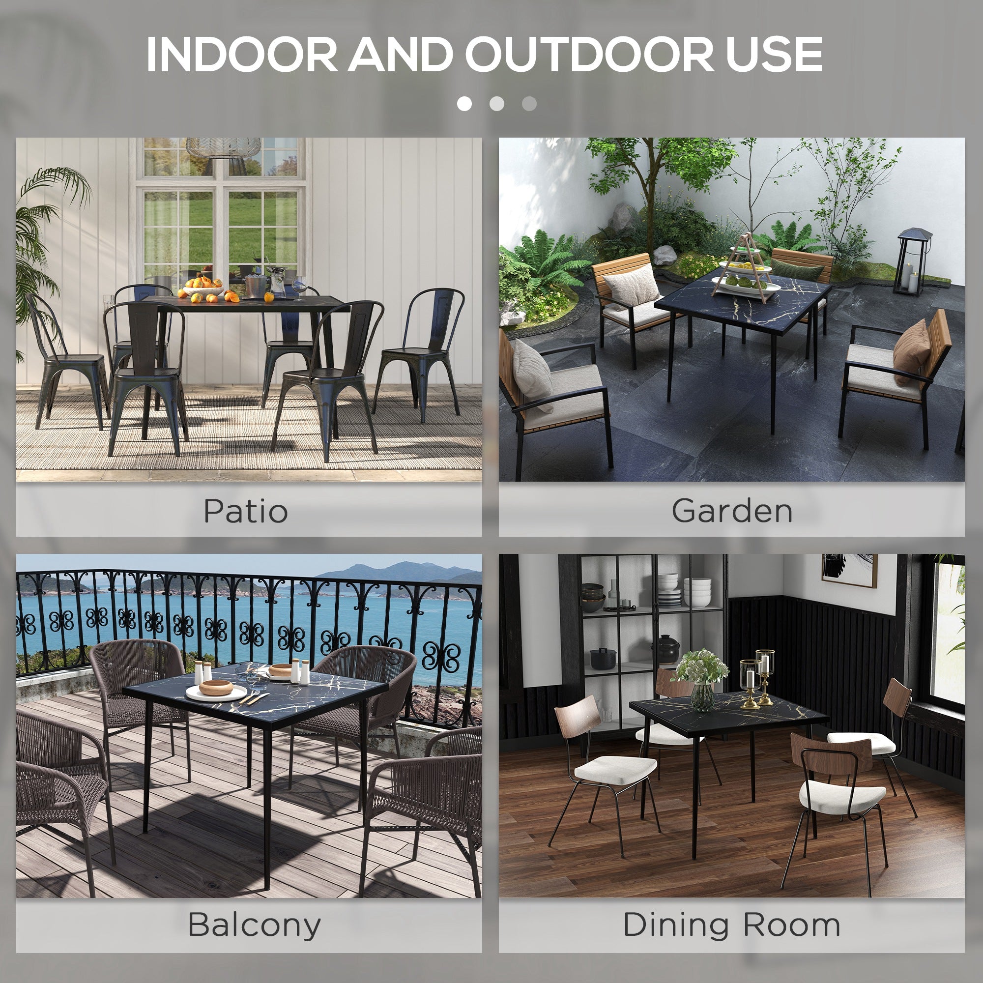 Outsunny Square Garden Table, Outdoor Dining Table for 4 with Marble Effect Tempered Glass Top and Steel Frame for Patio, Black - North Peak Garden Furniture