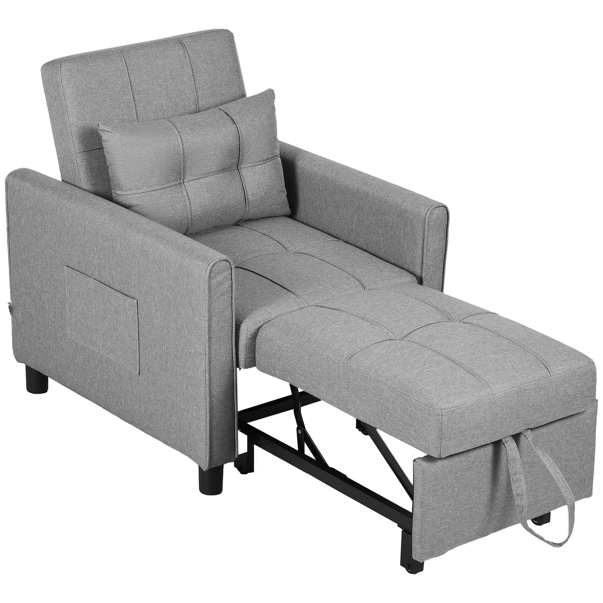 HOMCOM 3-In-1 Convertible Chair Bed, Pull Out Sleeper Chair with Adjustable Backrest, Side Pockets, Light Grey - North Peak Garden Furniture