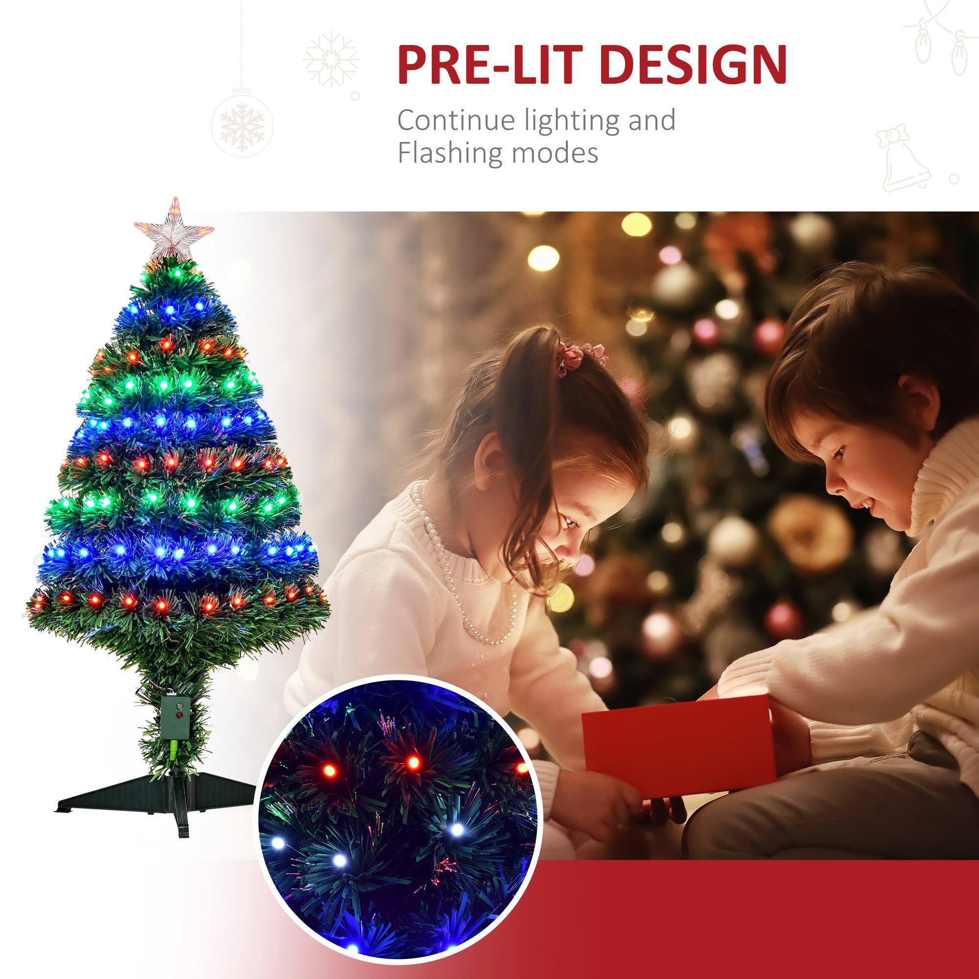 HOMCOM 3 Feet Prelit Artificial Christmas Tree with Multi-Coloured Fiber Optic LED Light, Holiday Home Xmas Decoration, Green - North Peak Garden Furniture