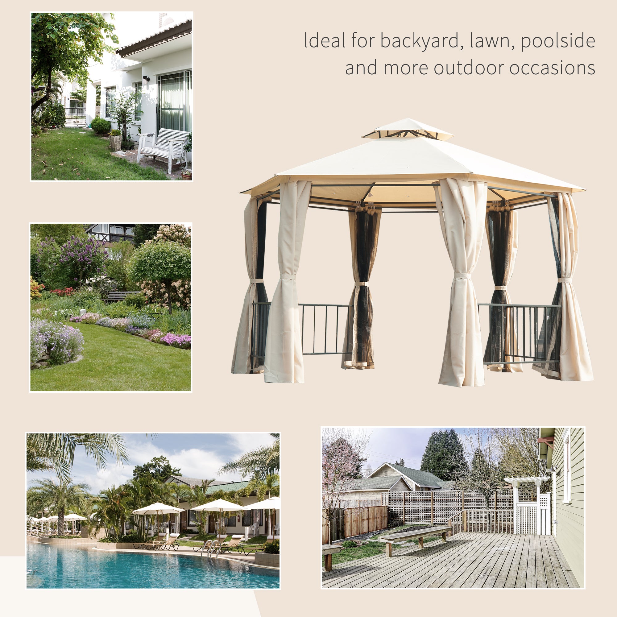 Outsunny 3 x 3(m) Hexagon Gazebo Patio Canopy Party Tent Outdoor Garden Shelter w/ 2 Tier Roof & Side Panel - Beige - North Peak Garden Furniture