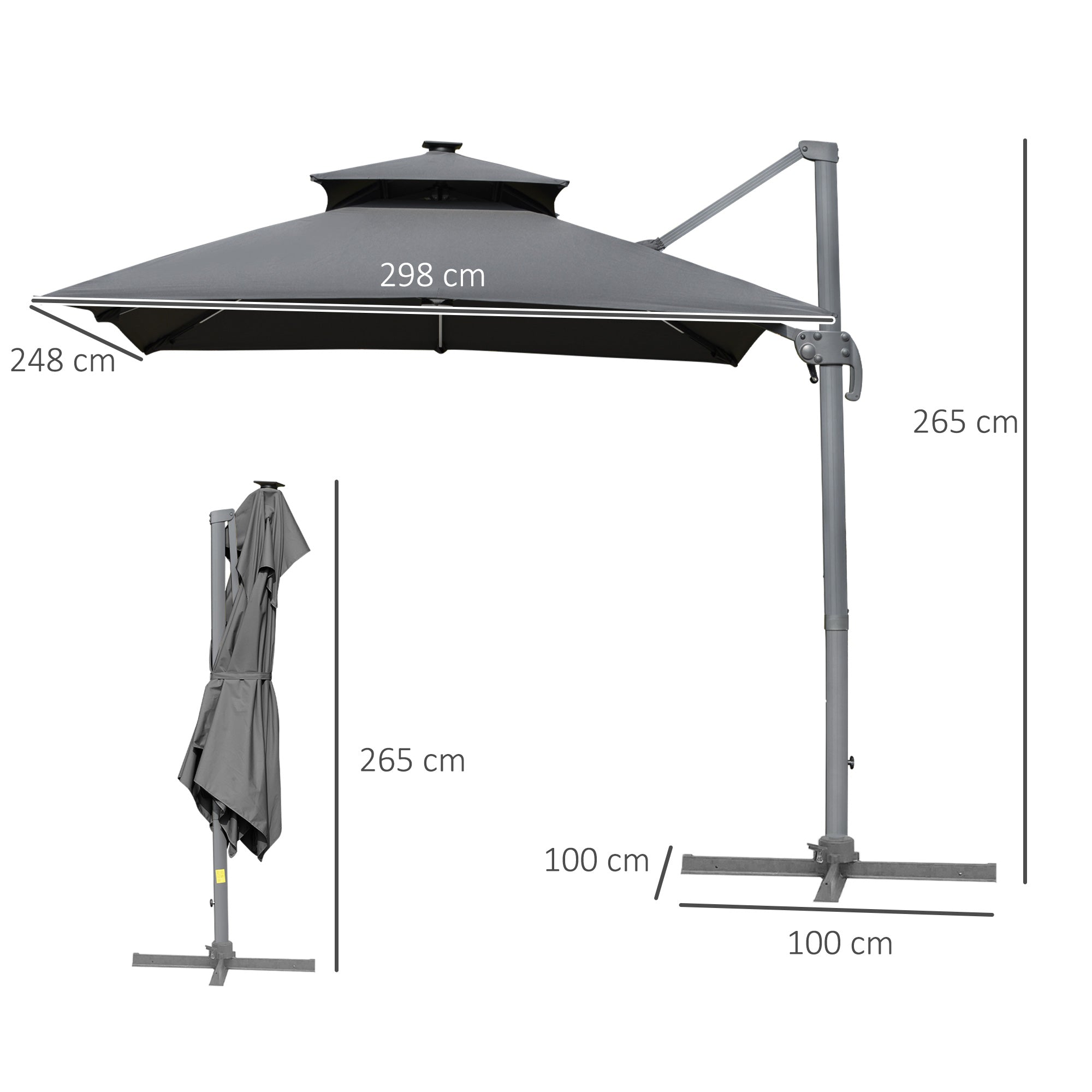 Outsunny 3m Cantilever Parasol, Outdoor Offset Patio Umbrella, Solar LED Lighted Hanging Sun Shade Canopy with Tilt and Crank Handle, Cross Base for Lawn, Beach and Poolside, Grey - North Peak Garden Furniture