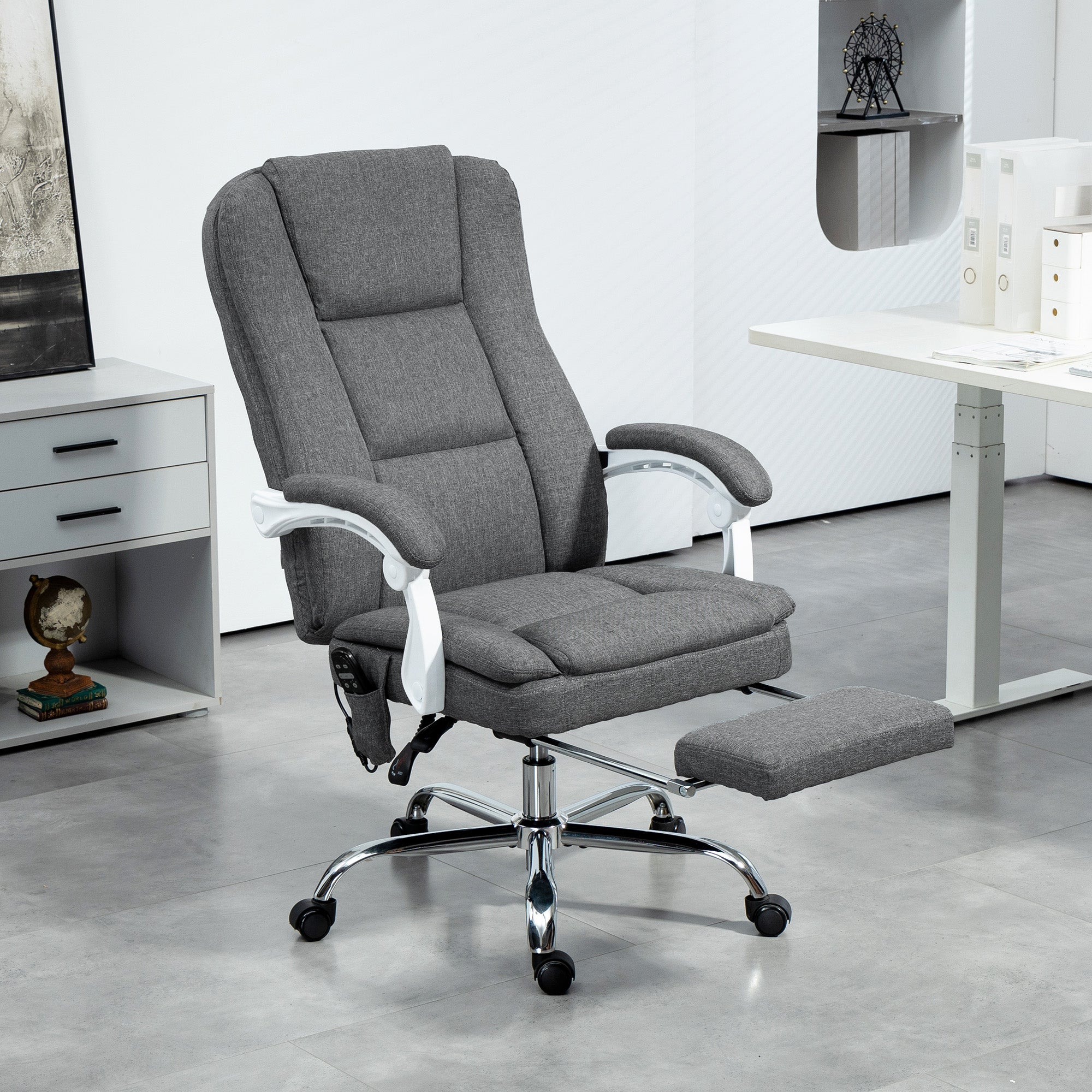 HOMCOM Executive Office Chair with 8-point Massage and Heat, Fabric Computer Desk Chair with Reclining Backrest, High Back, Height Adjustable, Swivel Wheels, Footrest, Remote, for Home, Grey