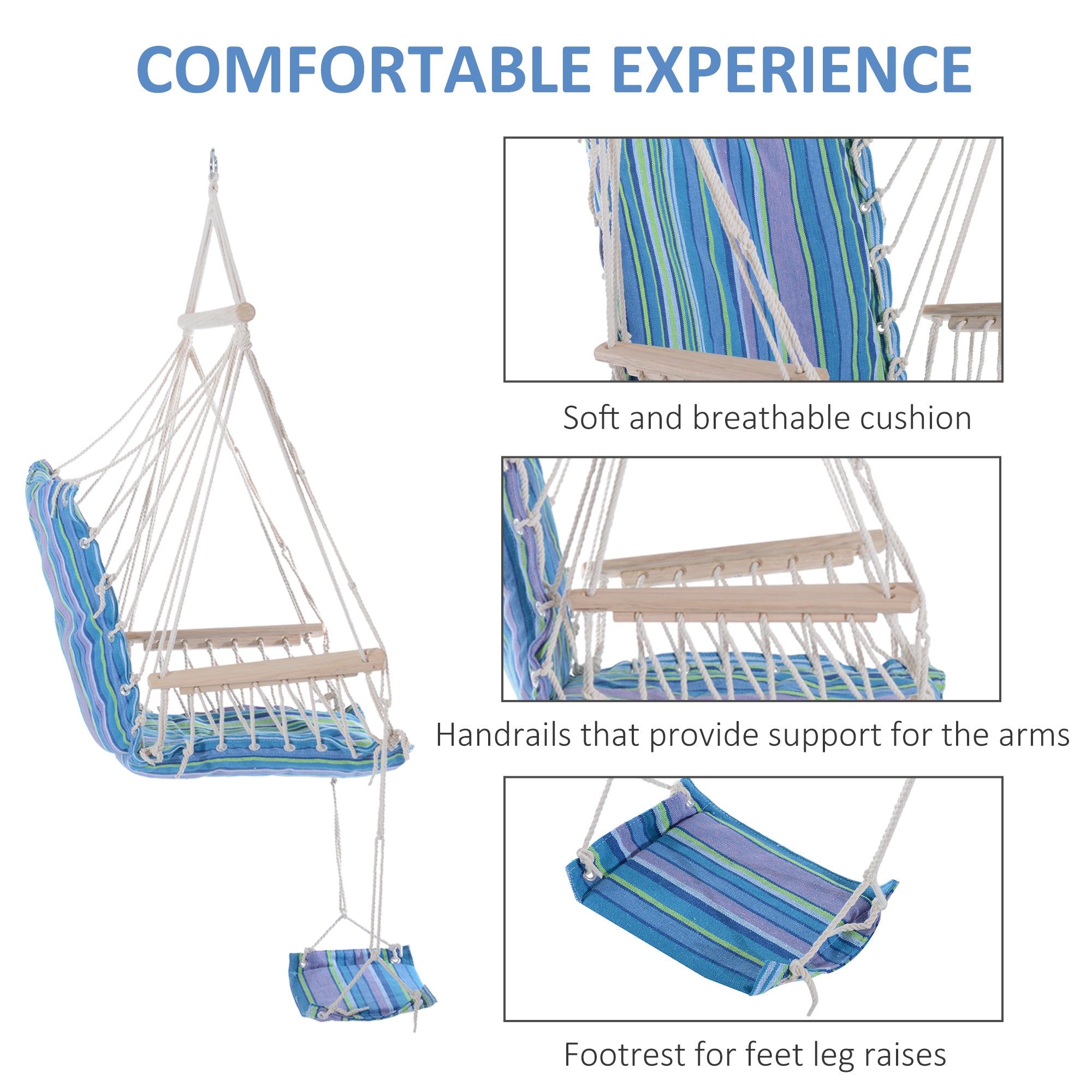 Outsunny Hanging Rope Chair with Soft Padded Seat & Backrest, Portable Garden Hammoc Chair with Wooden Support Bar, Armrests, Cotton Cloth, Footrest, for Patio & Tree, Blue - North Peak Garden Furniture