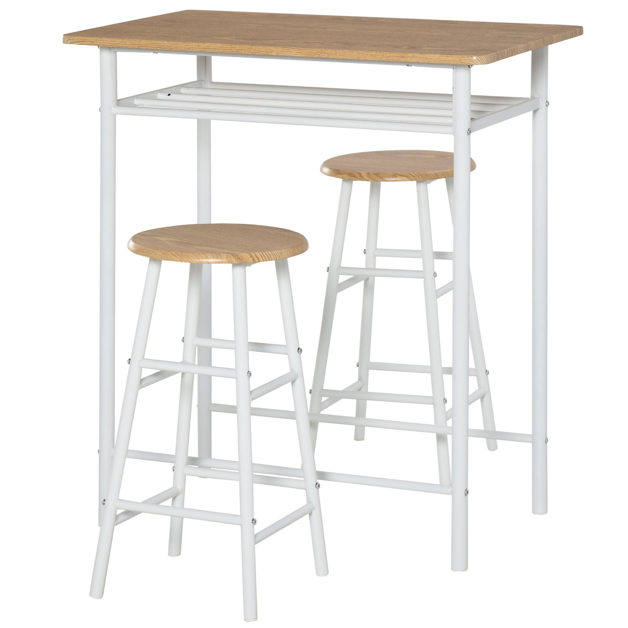 HOMCOM Bar Table Set, Bar Table and Stools Set, Footrest and Storage Shelf, for Kitchen, Dining Room, Pub, Cafe, White and Oak - North Peak Garden Furniture
