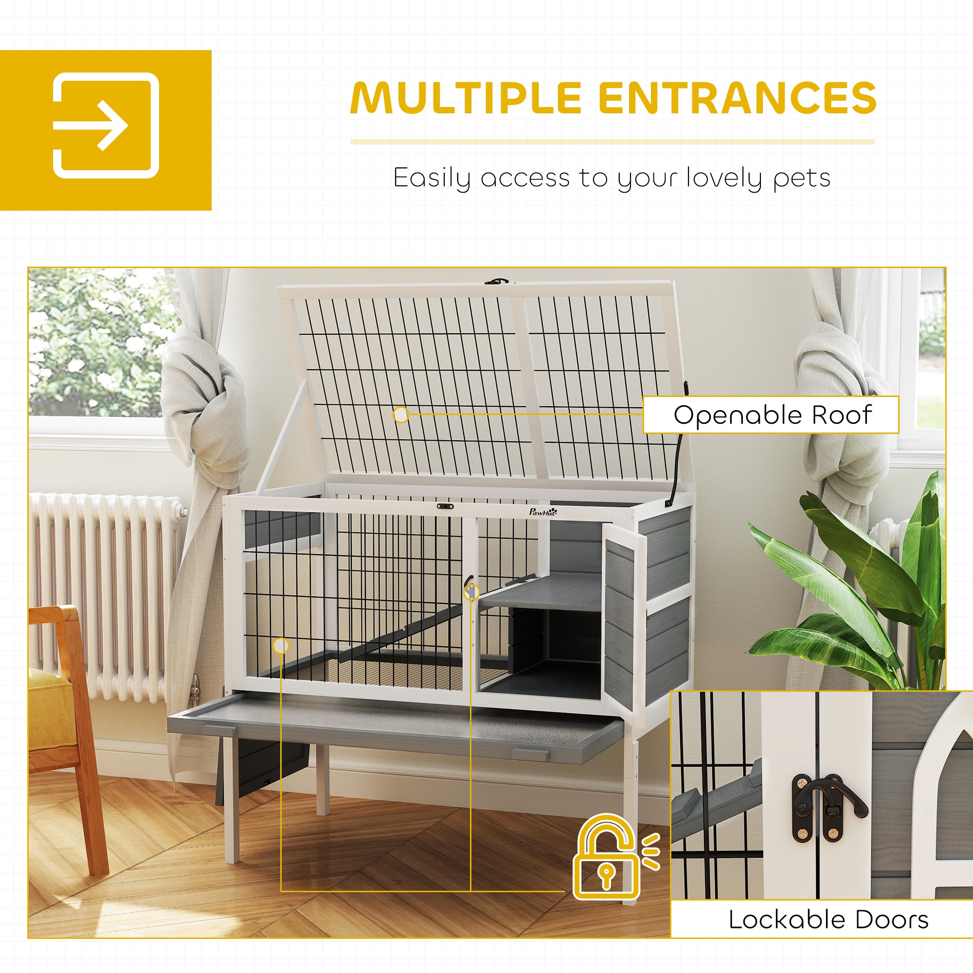 PawHut Wooden Rabbit Hutch, Guinea Pig Cage, with Removable Tray, Openable Roof, Grey