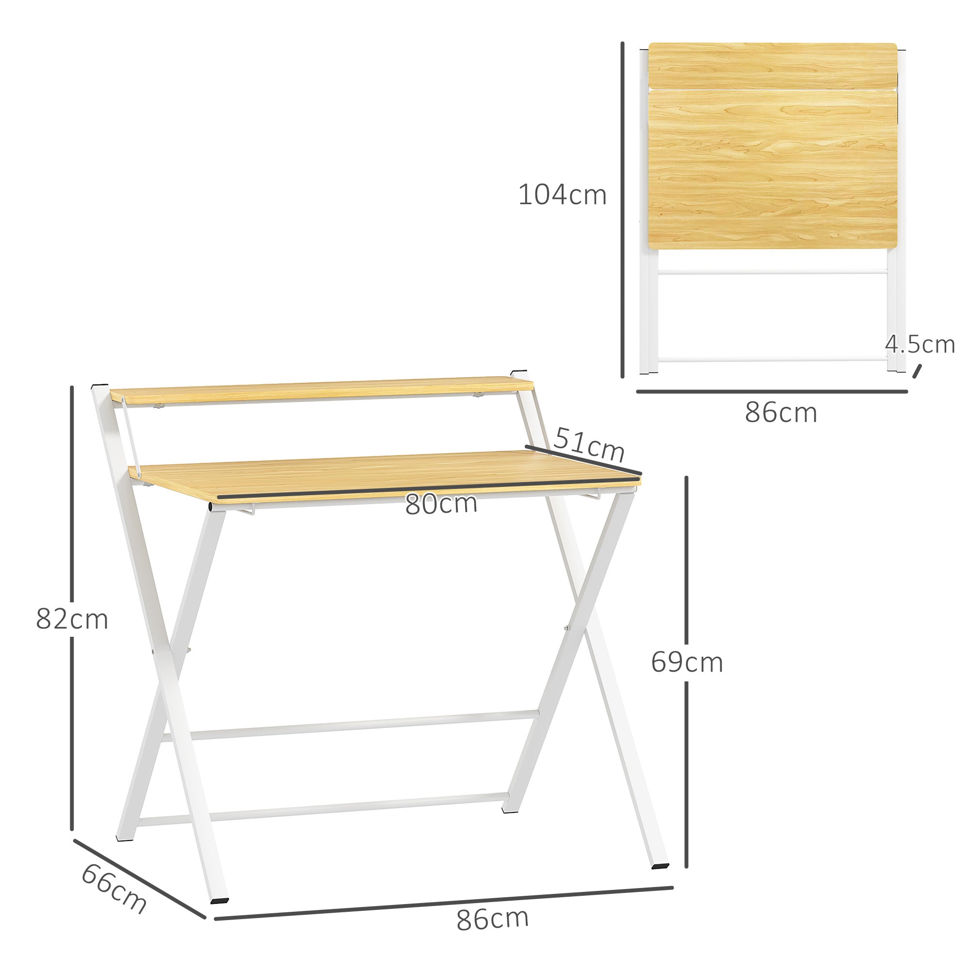 HOMCOM Compact Folding Desk for Small Spaces, Foldable Computer Desk with Storage Shelf for Home Office, 2-Tier Study Writing Table, 86 x 66 x 82 cm, Maple Wood-effect - North Peak Garden Furniture
