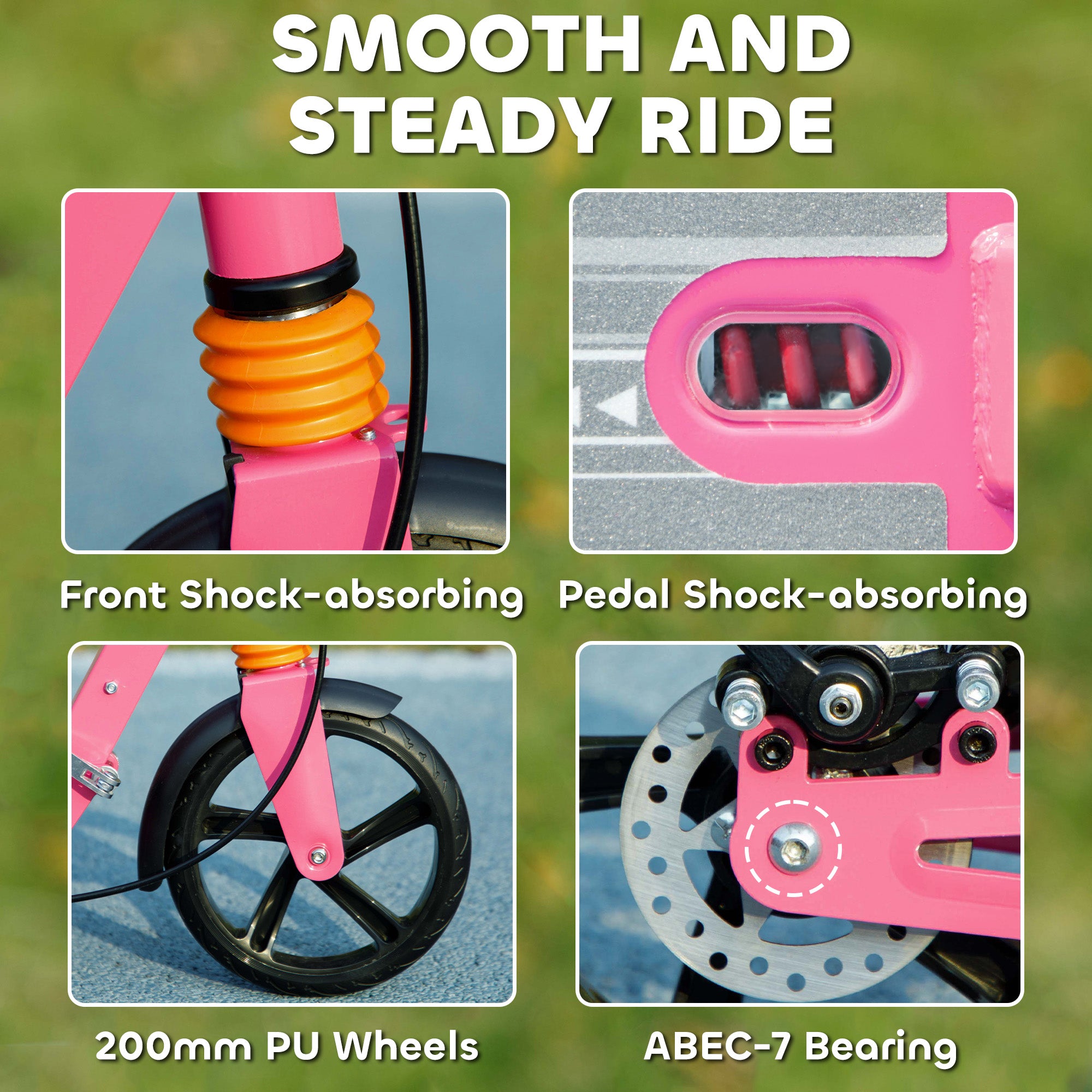 AIYAPLAY Kids Scooter with Four-Level Adjustable Handlebar, Dual Brake System, 200mm Wheels, ABEC-7 Bearings, Pink - North Peak Garden Furniture
