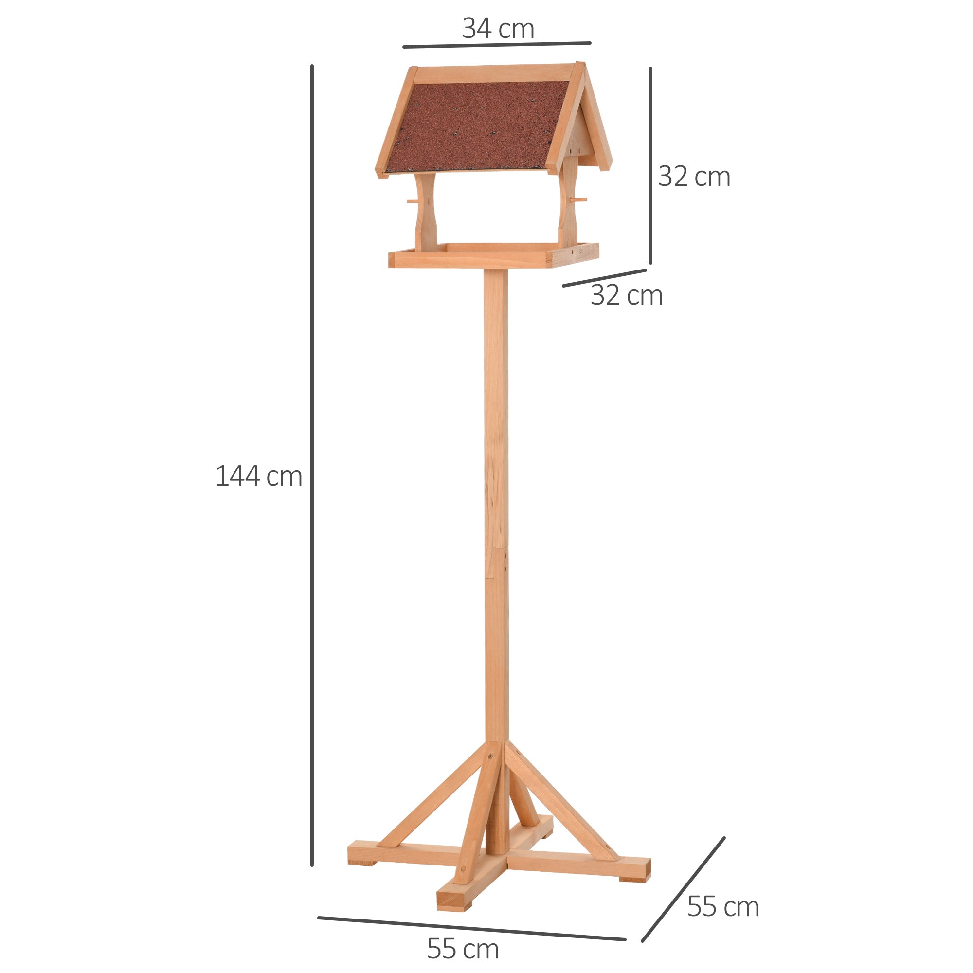 PawHut Bird Feeder Table, Wooden Freestanding Outdoor Feeding Station with Weatherproof Roof, Cross-shaped Base, Natural, 55 x 55 x 144cm