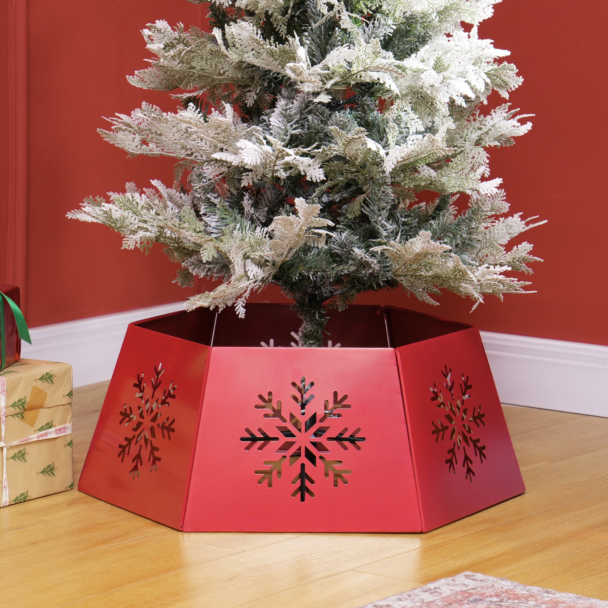 HOMCOM Christmas Tree Collar, Hexagon Christmas Tree Base Cover with Hollow Snowflake Patterns, Xmas Decoration for Party, Holiday, Home, Red - North Peak Garden Furniture