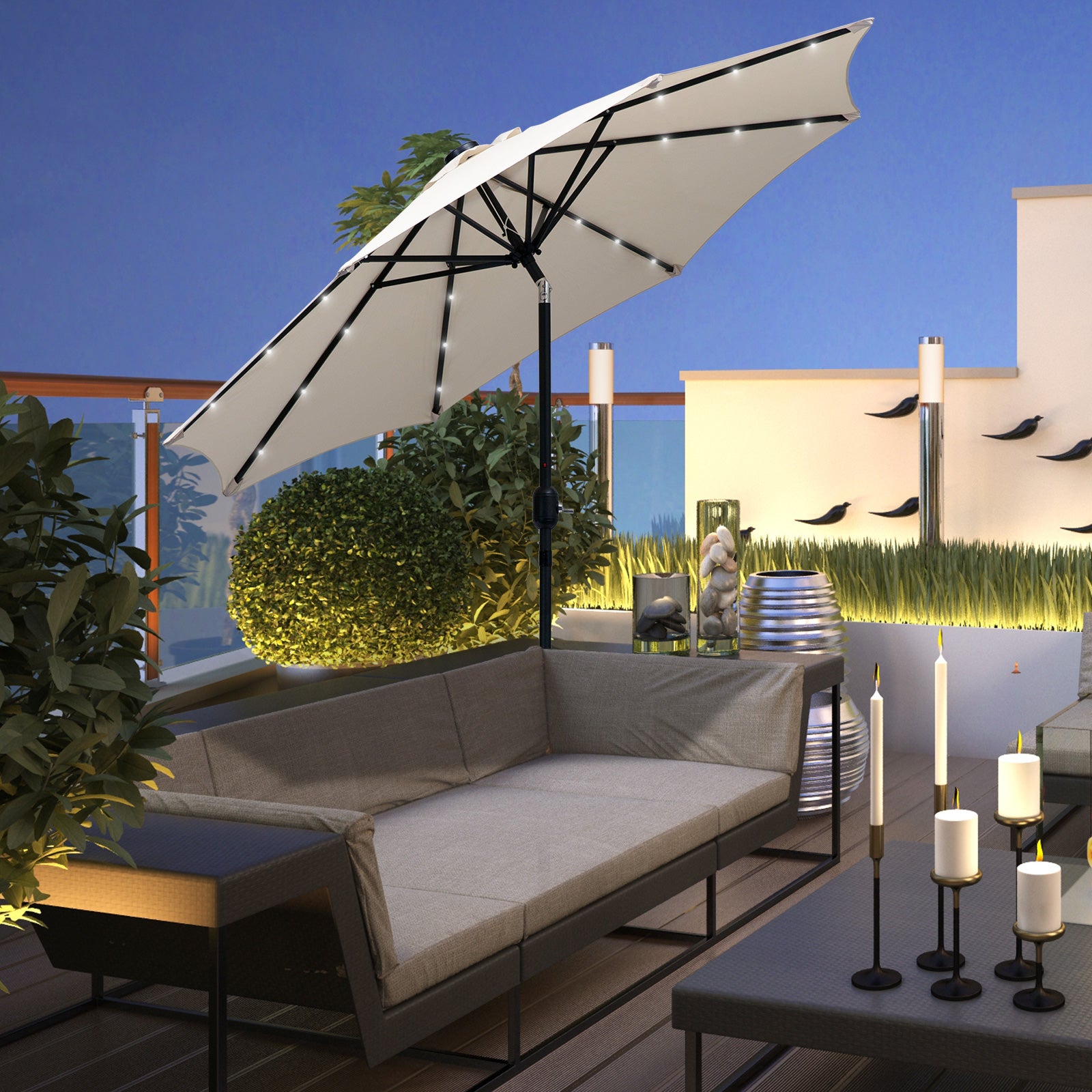 Outsunny 2.7m Patio Garden Umbrella Outdoor Parasol with Tilt Crank and 24 LEDs Lights (Cream) - North Peak Garden Furniture
