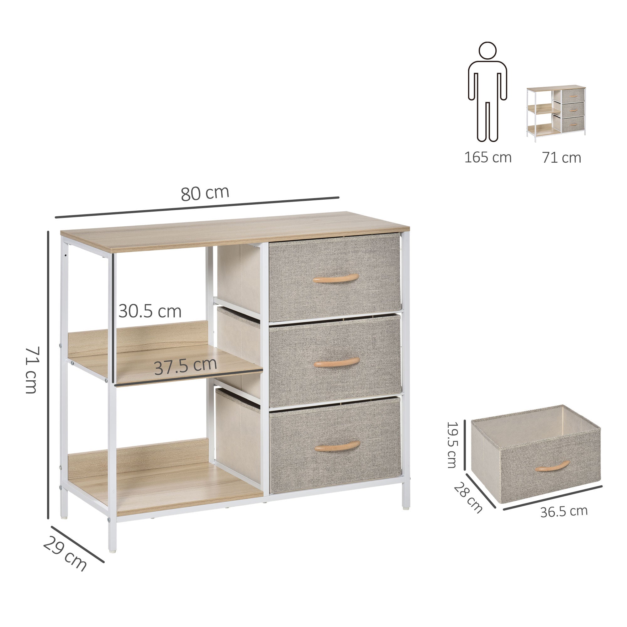 HOMCOM Chest of Drawers Storage Dresser Cabinet Organizer with 3 Fabric Drawers and 2 Display Shelves for Living Room, Bedroom, Hallway, Beige - North Peak Garden Furniture