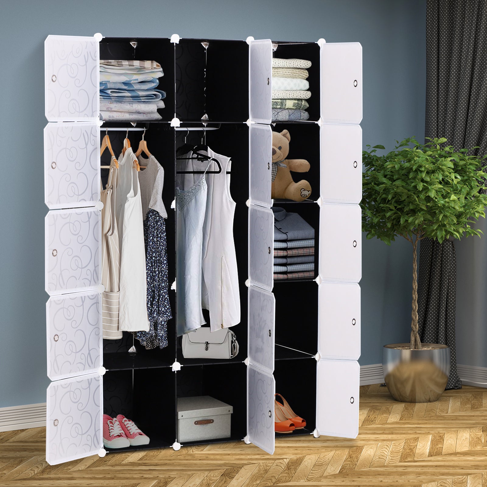 HOMCOM Cube DIY Wardrobe Portable Interlocking Plastic Modular Closet Bedroom Clothes Organiser Storage Cabinet