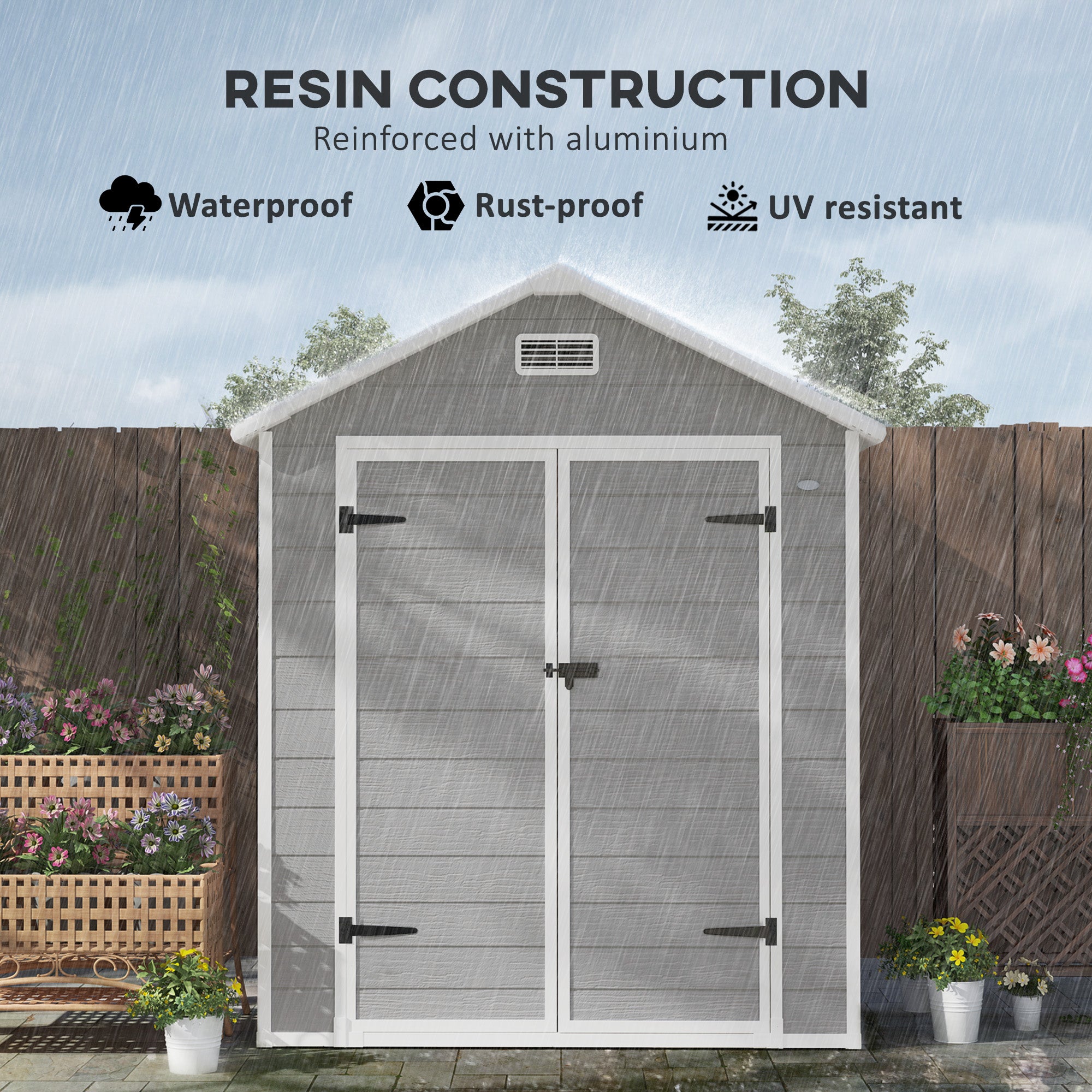 Outsunny 6 x 5ft Garden Shed, Plastic Shed with Floor, Window, Lockable Doors and Vents, Wood Effect Resin Tool Shed for Outdoor Patio, Dark Grey - North Peak Garden Furniture