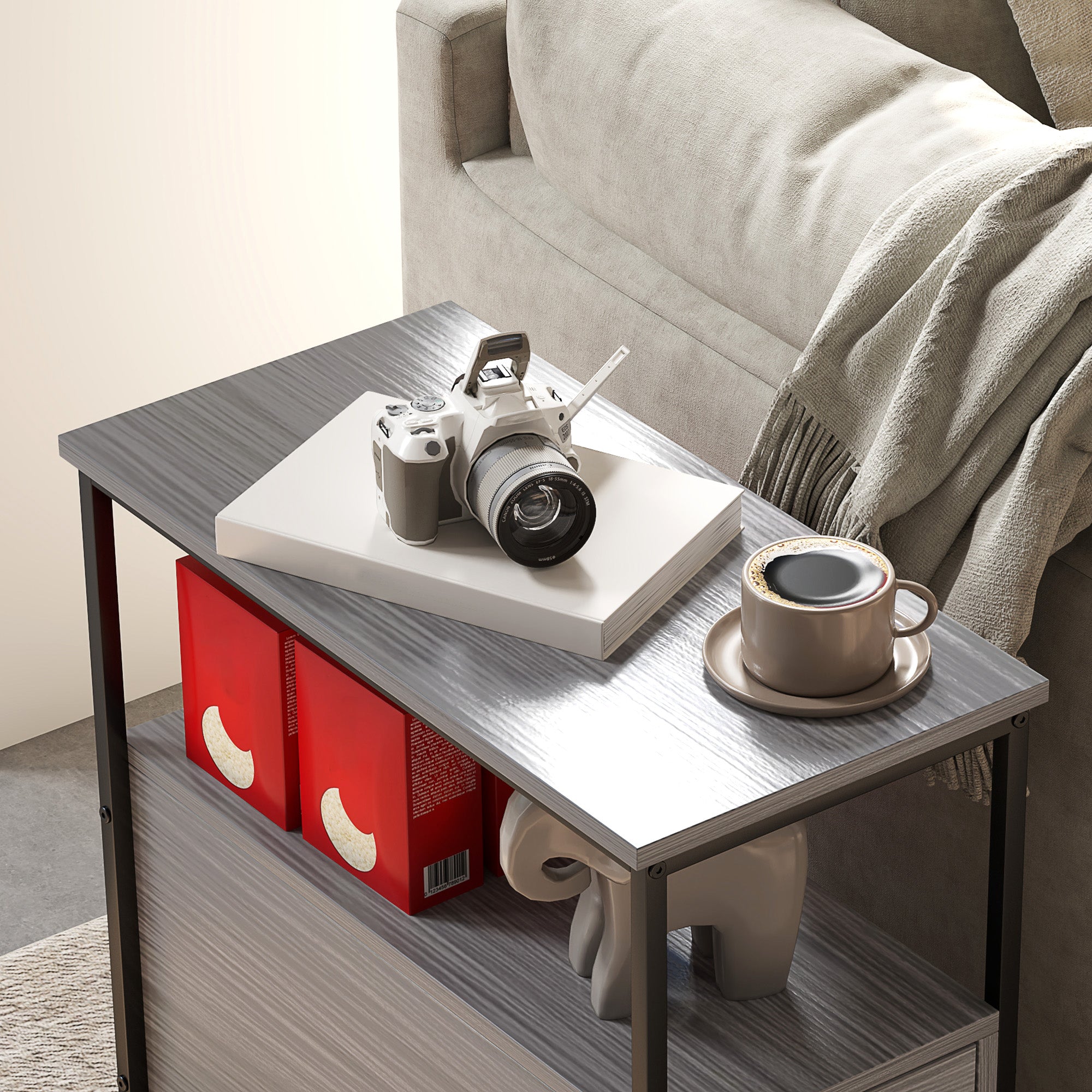 HOMCOM Side Table, Narrow Bedside Table with 2 Drawers and Storage Shelf, Industrial End Table with Metal Frame for Small Spaces, Grey Wood Grain - North Peak Garden Furniture