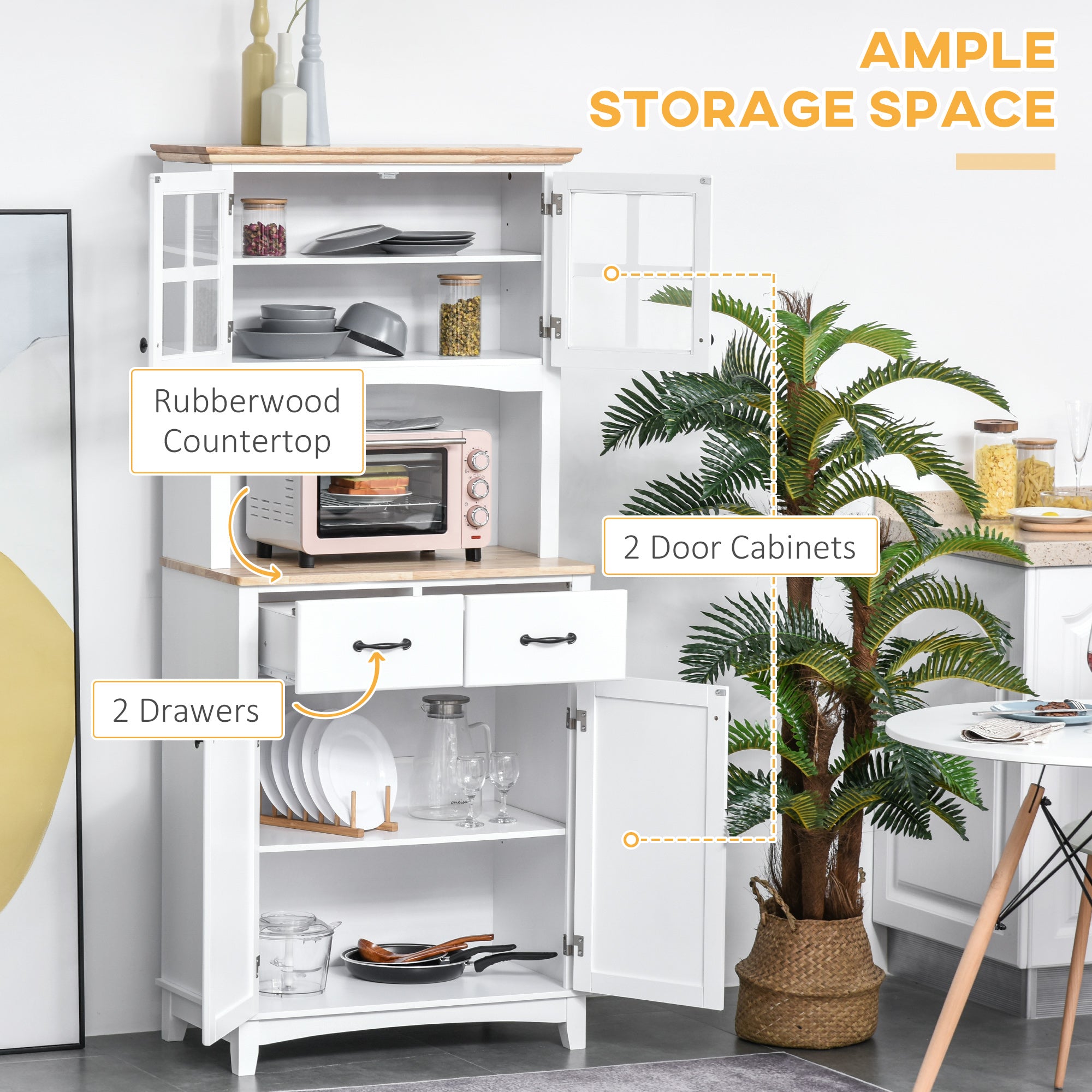 HOMCOM Freestanding Kitchen Cupboard, Kitchen Storage Cabinet with Framed Glass Doors, 2 Drawers, Microwave Counter, White - North Peak Garden Furniture