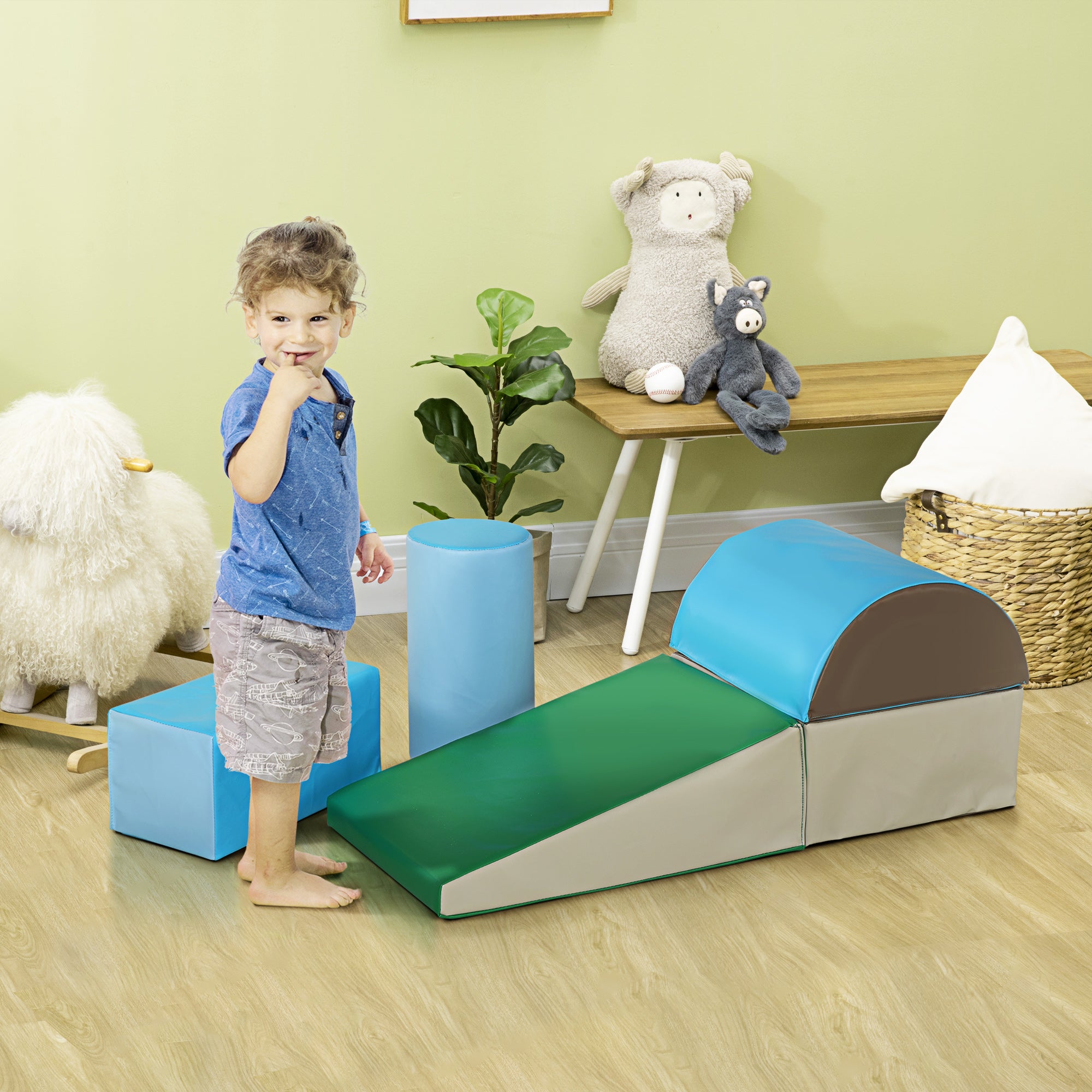 HOMCOM 5 Piece Climb and Crawl Activity Play Set Soft Foam Blocks for Baby Toddler Preschooler Indoor Play Equipment Learning Toys Blue