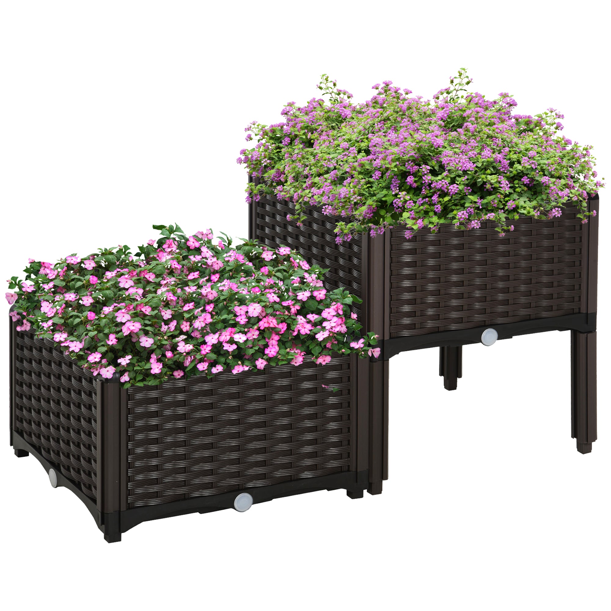 Outsunny Set of 2 26L Garden Raised Bed Elevated Patio Flower Plant Planter Box PP Vegetables Planting Container, Brown - North Peak Garden Furniture