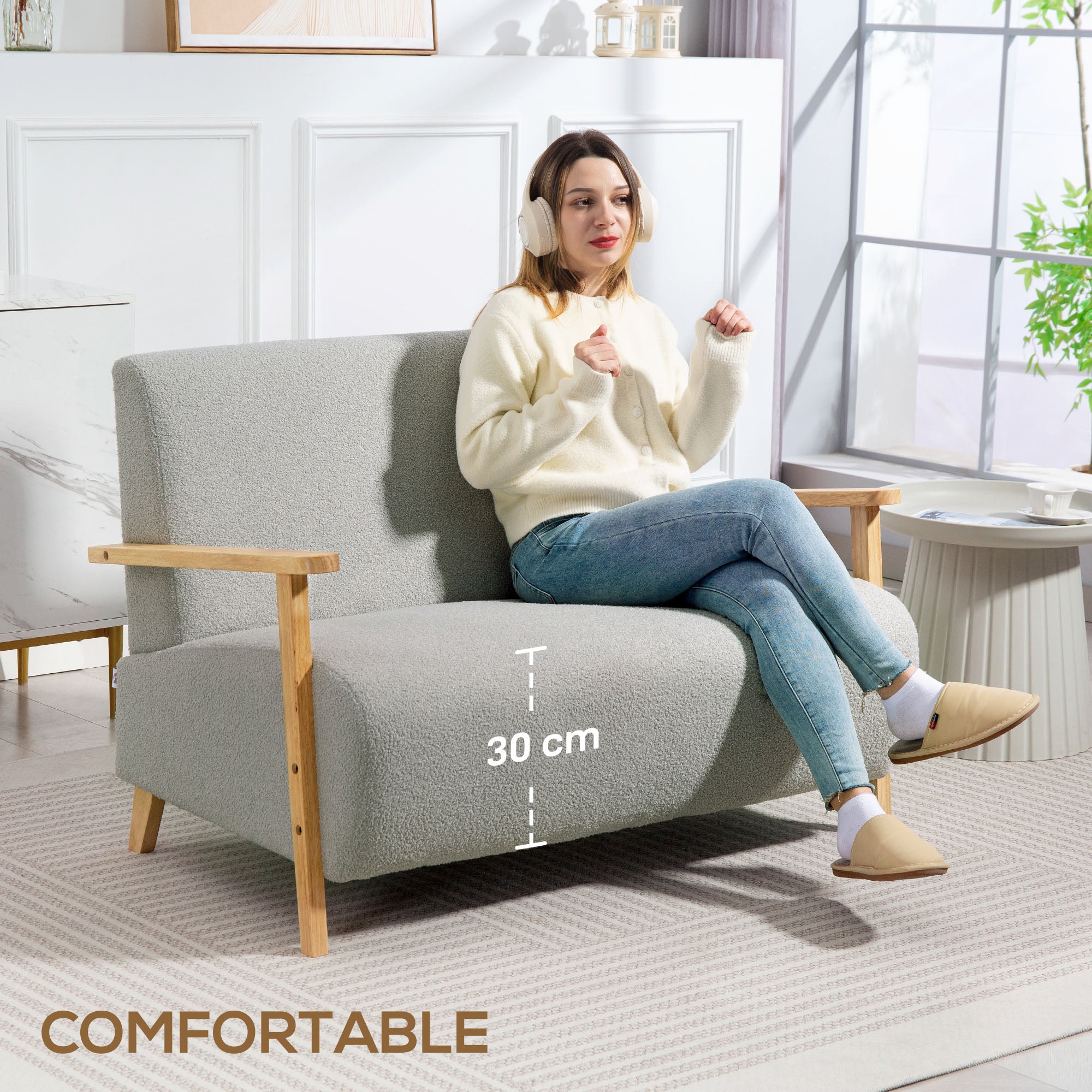 HOMCOM Small Sherpa Fabric 2 Seater Sofa Settee - Light Grey - North Peak Garden Furniture