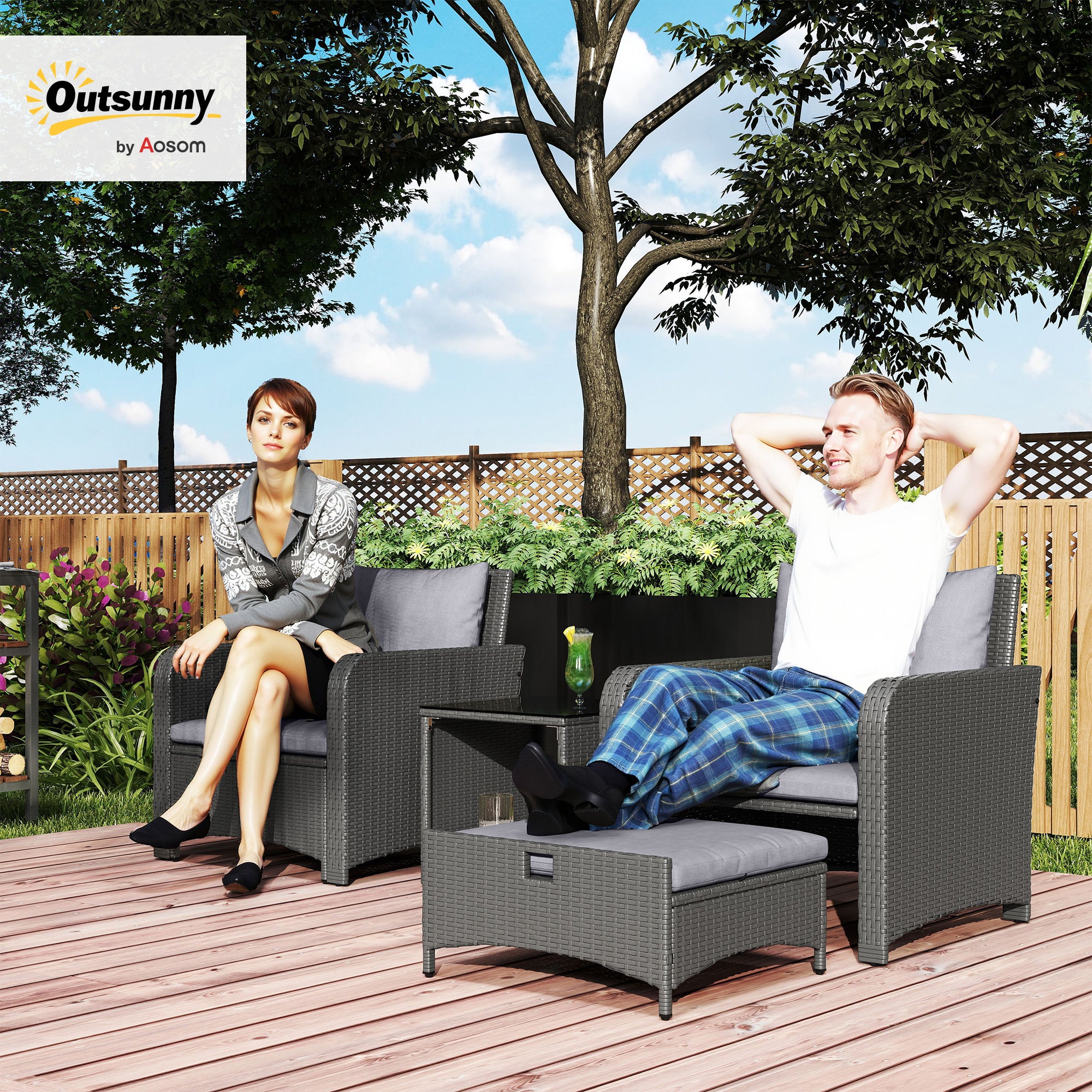 Outsunny Five Piece Rattan Garden Furniture Set with 2-Tier Coffee Table and Ottomans - Grey - North Peak Garden Furniture