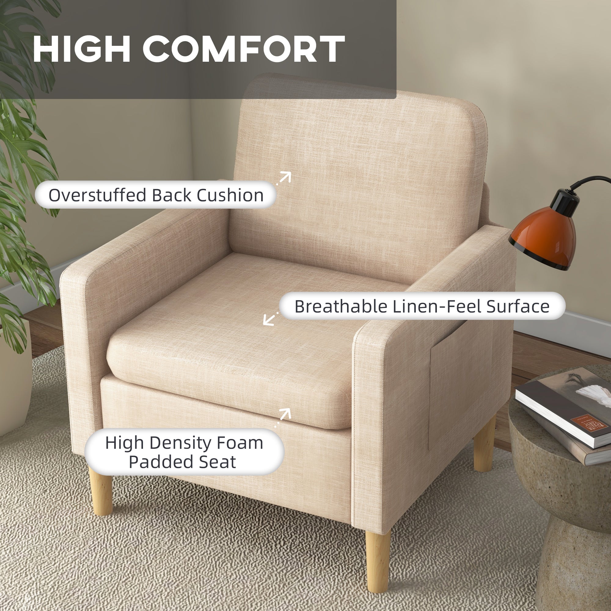 HOMCOM Modern Accent Chair, Comfy Fireside Chair, Upholstered Armchair for Living Room, Bedroom, Home Office, Beige - North Peak Garden Furniture