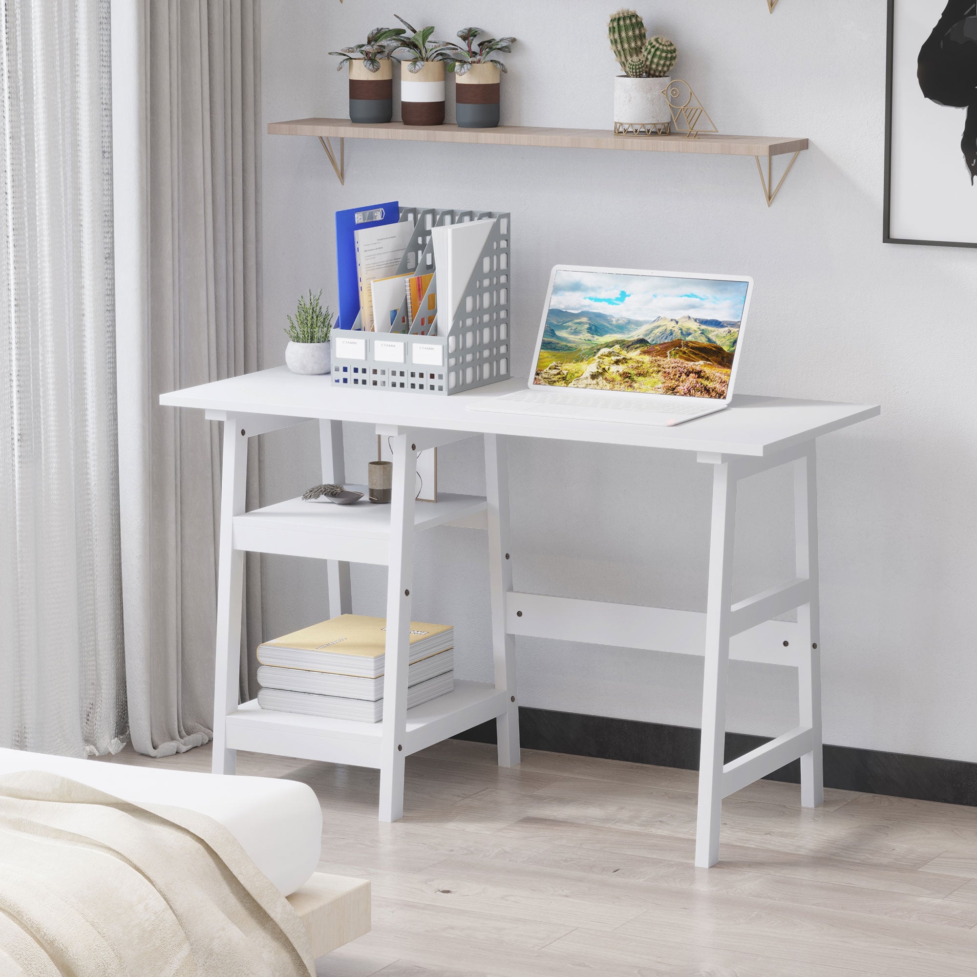 HOMCOM Compact Computer Desk with Storage Shelves, Study Table with Bookshelf, PC Table Workstation for Home Office, Study, Easy Assembly, 120 x 51cm, White - North Peak Garden Furniture