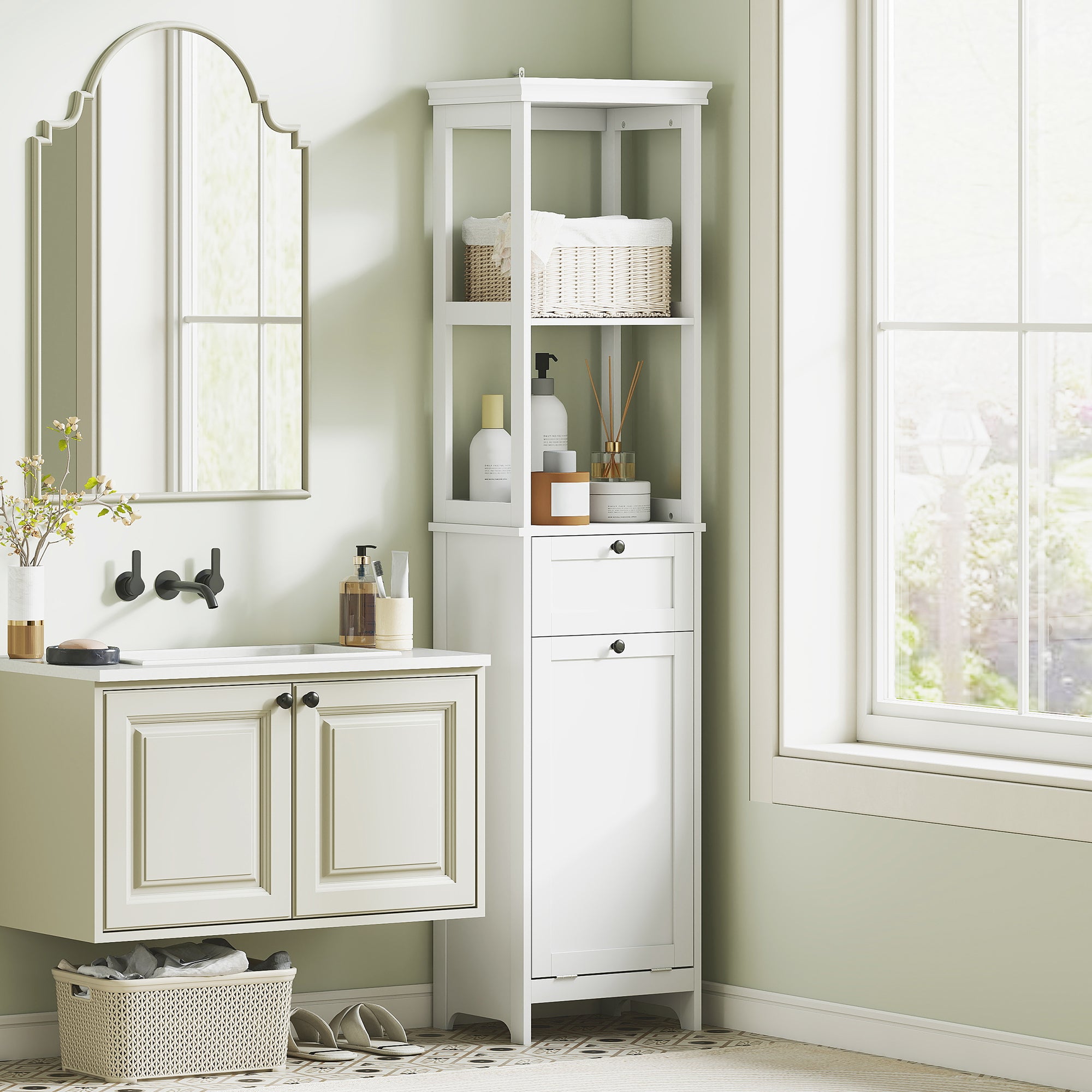 HOMCOM Tall Bathroom Cabinet with Tilt-Out Laundry Basket - White - North Peak Garden Furniture